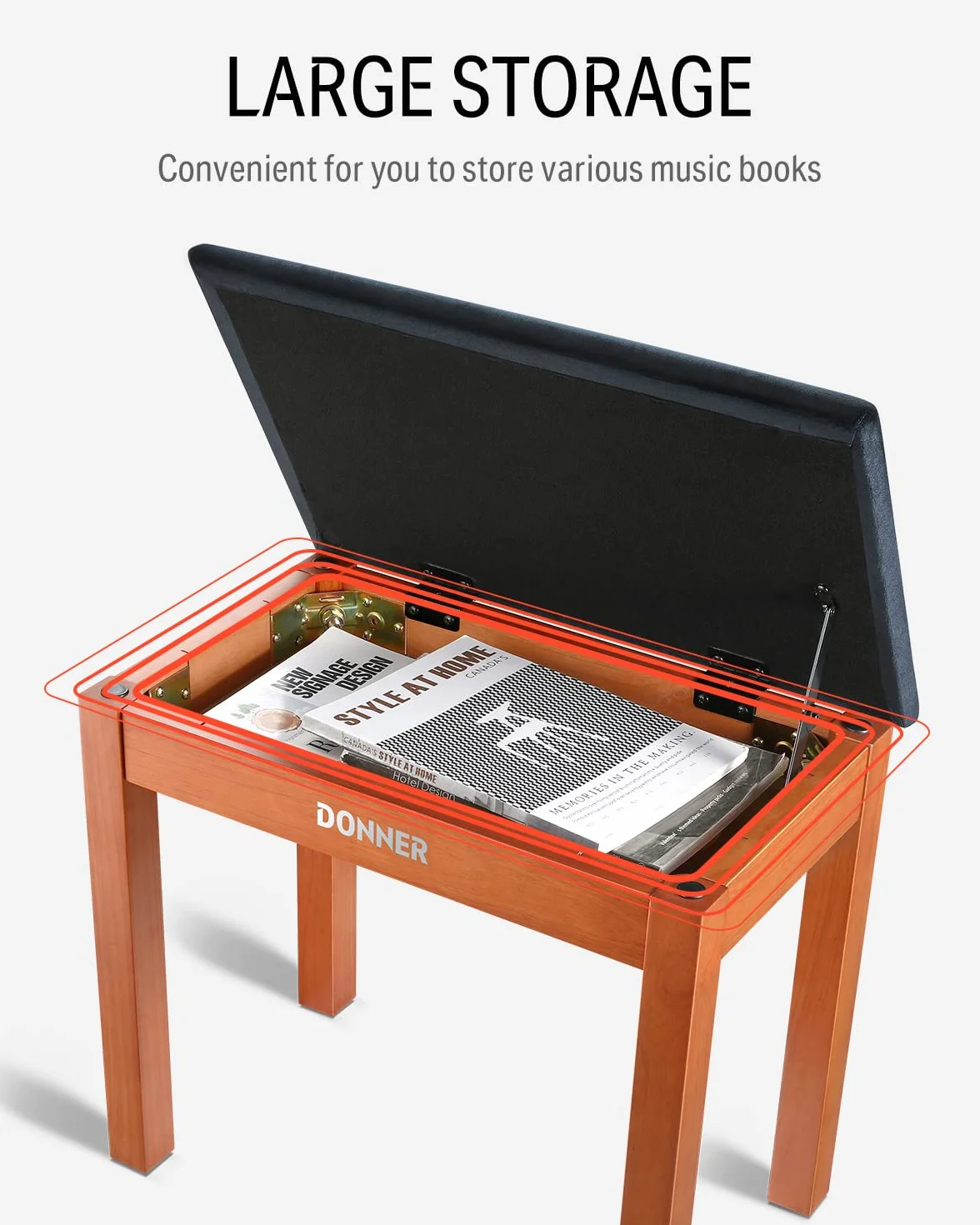 Donner Klavierbank mit Stauraum, Massivholz-Keyboardbank, Klavier-Bücherregal, Hocker, Stuhl, Sitz mit hochdichtem Wildlederkissen, Holz-Finish-Farbe
