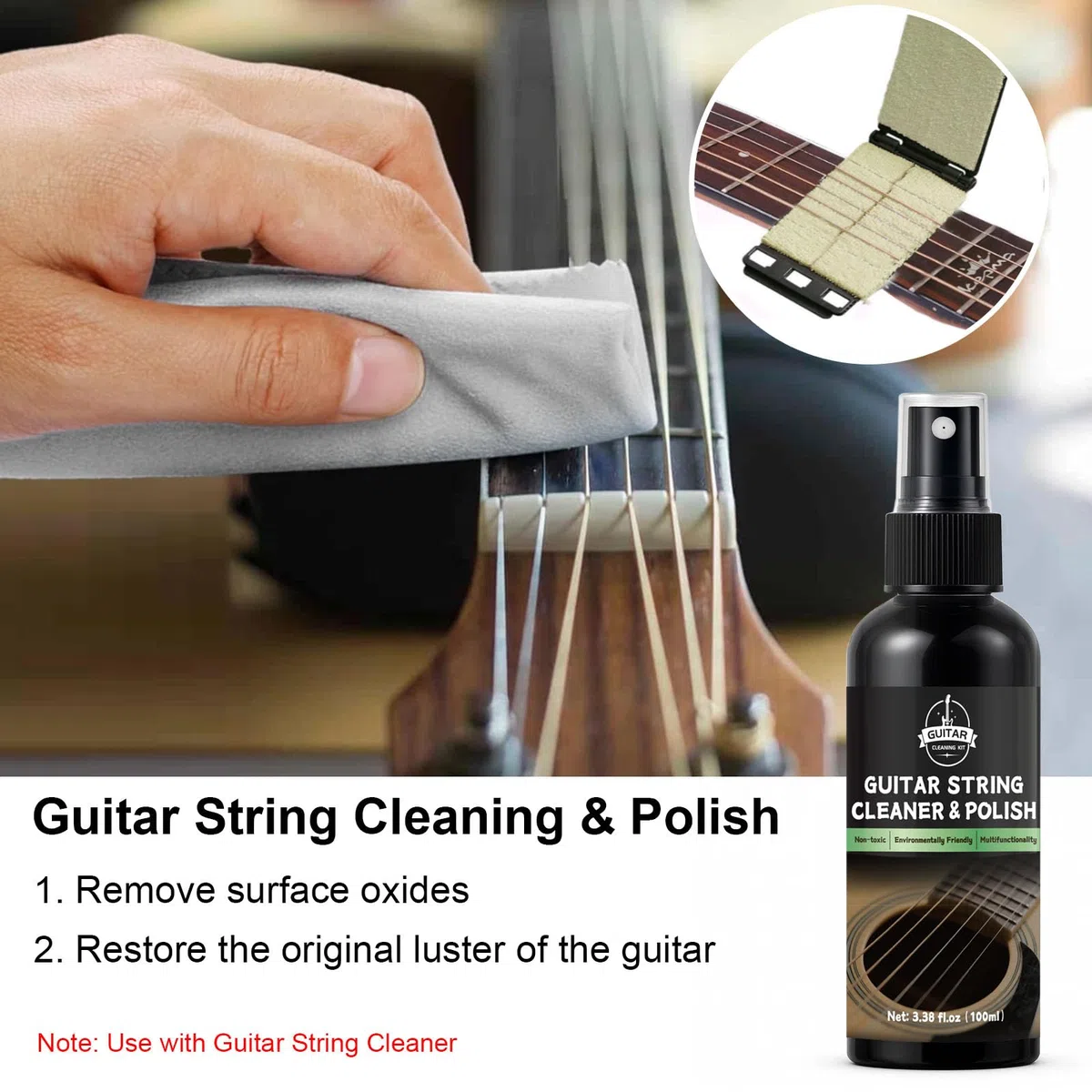 Gitarrenreinigungsset – 8-teiliges professionelles Pflegeset mit Gitarrenreiniger, Griffbrettöl, Polierwachs, Saitenreiniger, 3-in-1-Schneider & Mikrofasertuch