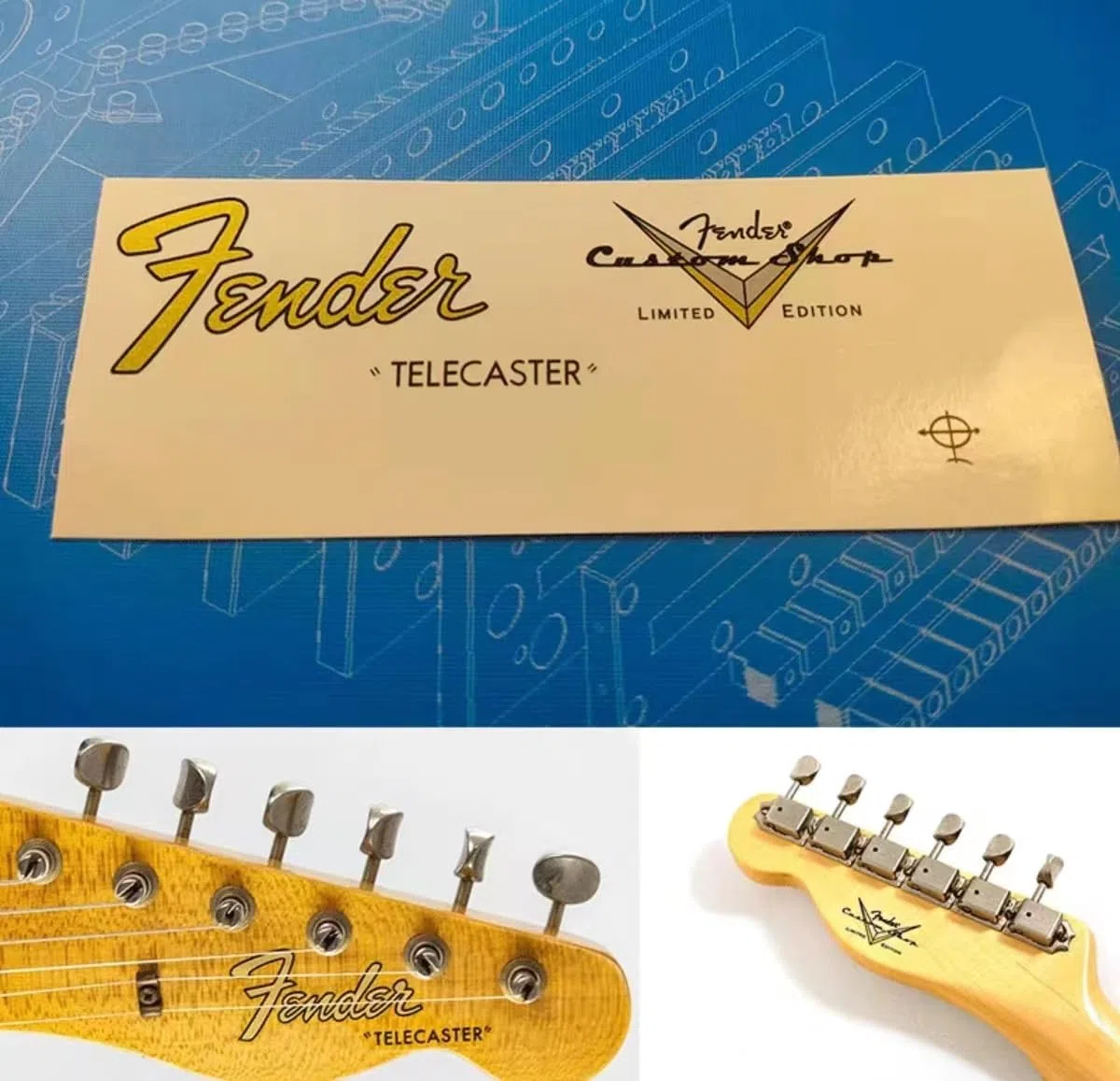 2 Stück, geeignet für Fender, Custom Shop, E-Gitarre-Kopf-Logo, Wassertransferdruck, Marken-Aufkleber, entfernbare Folie (Postmoderne Zelle)