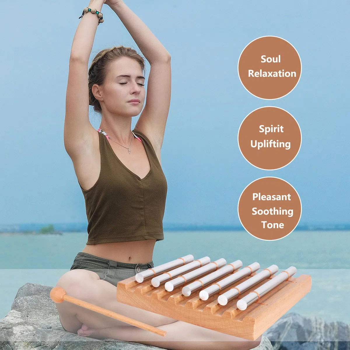 LIEKE Klangheilung Chime 7 Ton Klangstab für Yoga Meditation, Holz Hand Glockenspiel Glocken Percussion Instrument