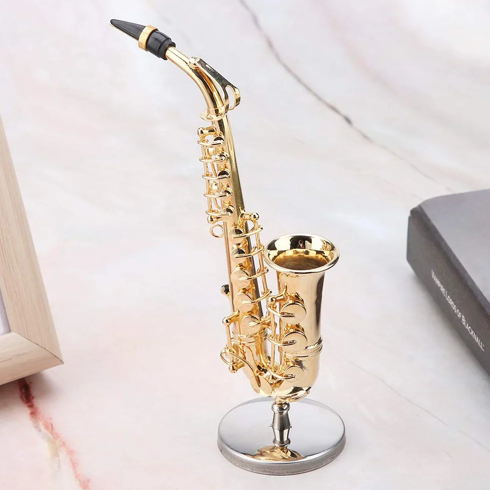 Miniatur-Altsaxophon, Saxophon-Modell mit Ständer und Gehäuse, Vergoldetes Instrumentenmodell, Mini-Altsaxophon-Tenorsaxophon-Heimdekoration
