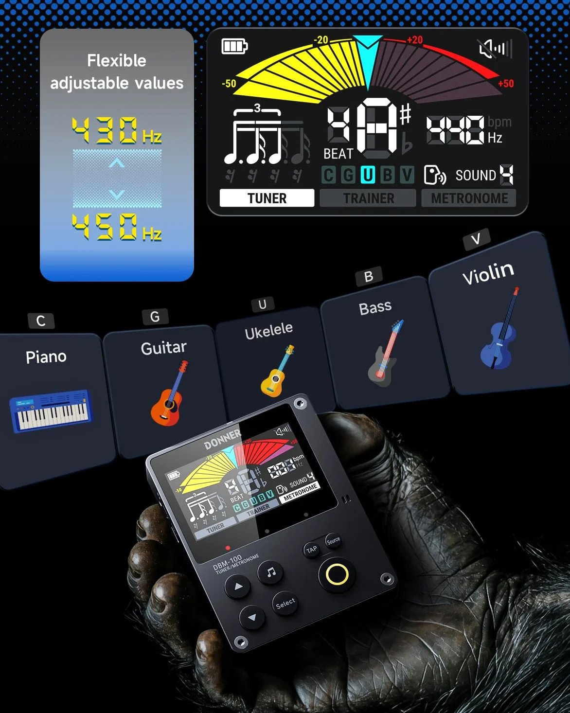 Donner Metronom Stimmgerät, 3 in 1 Digitales Metronom Wiederaufladbar für Gitarre Bass Ukulele Violine Saxophon Trompete Klarinette Flöte, Rhythmus-Trainer-Modus, DBM-100