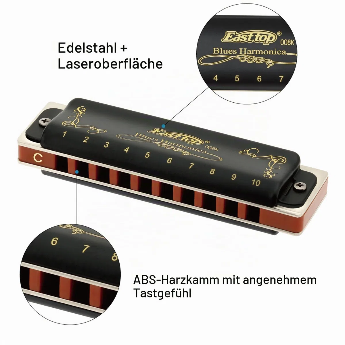 East Top Mundharmonika C Key Für T008K 10 Löcher Diatonic Blues Harmonica Für professionelle Spieler, Anfänger, Studenten, Erwachsene, Kinder, als Geschenk