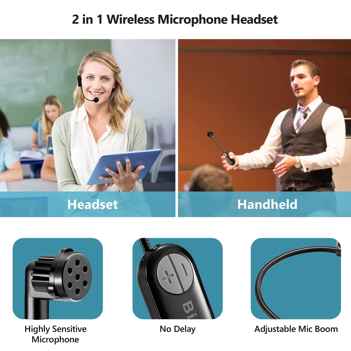 Bietrun UHF drahtlos Headset Mikrofon wiederaufladbar Funkmikrofon 50M Reichweite 6 Stdn. Laufzeit 6,35mm Klinke für Verstärker Karaoke Lautsprecher PA Anlage Unterricht Vortrag Fitness Lehrer Schwarz