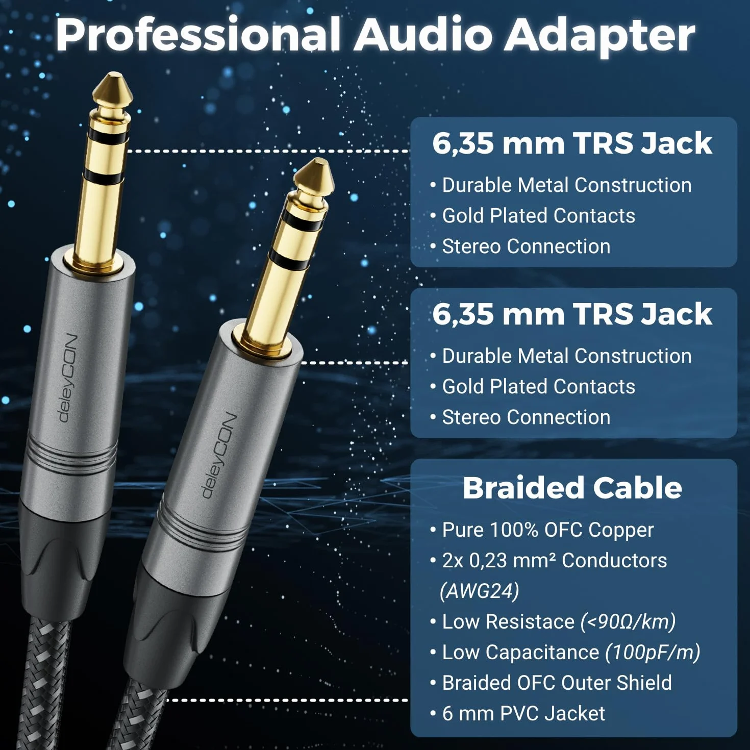 deleyCON 15m Instrumentenkabel Klinkenkabel 6,35mm auf 6,35mm Klinke TRS (Stereo) AUX - Studio Qualität - aus reinem OFC Kupfer (AWG24) - für Verstärker Mixer E-Gitarre Bass Keyboard