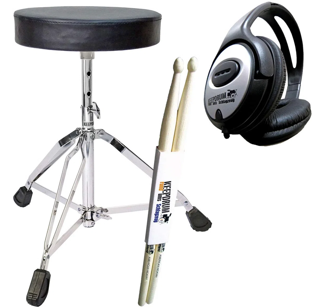 keepdrum Zubehörset für E-Drum - Schlagzeug Hocker + Kopfhörer + Drumsticks