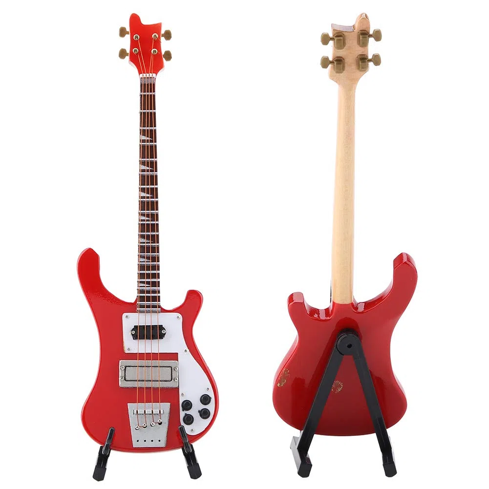 Rot E-Bass Modell Miniatur - Mini-Bass Sammlungsstück als dekorativer Musikinstrument-Ornament, für Musiker und Instrumentensammler