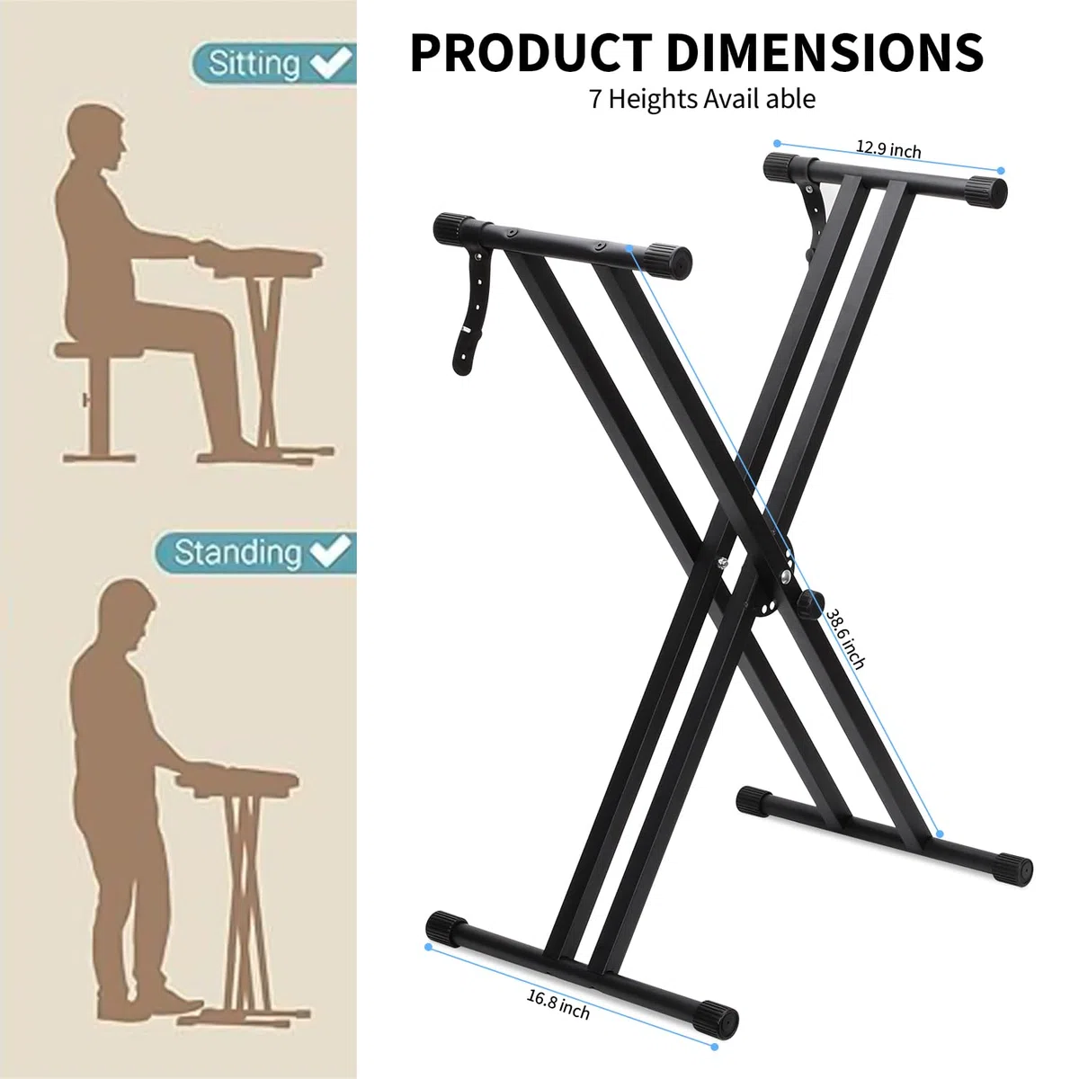 Keyboardständer für E-Pianos,X-förmig Doppelstrebiger E-Piano Ständer mit Verriegelungsriemen und Schnellspannmechanismus,Keyboard Ständer verstellbar 32 cm bis 97 cm für 54 61 76 88 Tasten (Schwarz)