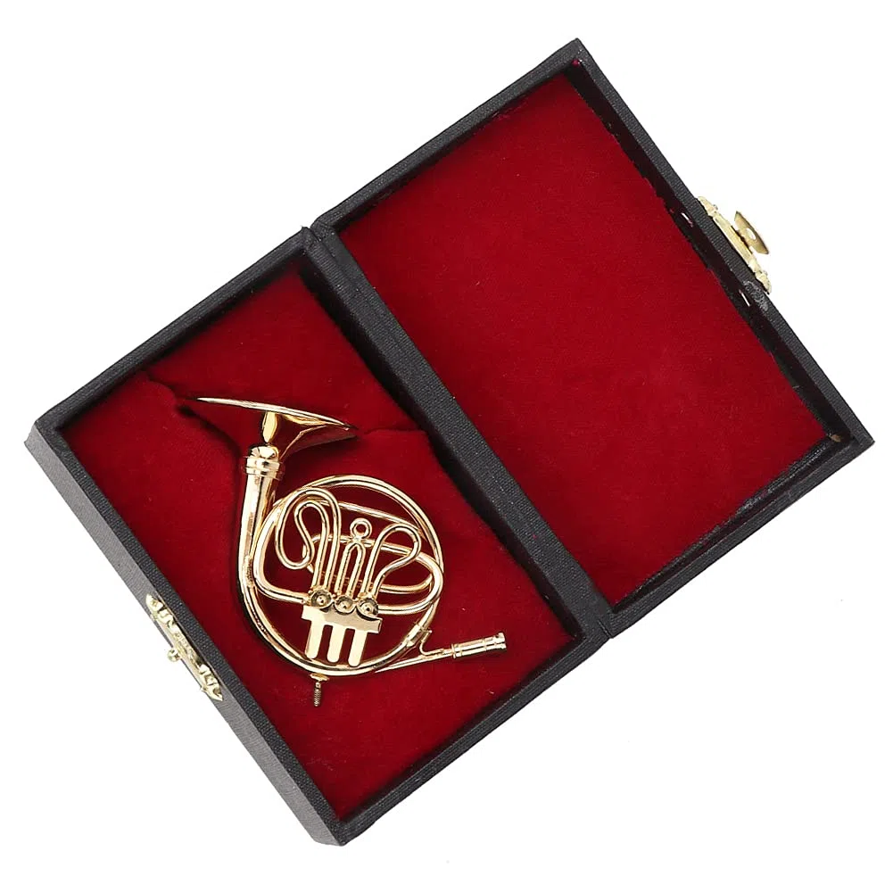 Haofy Verwandte Goldene Mini French Horn Replica Dekorationen mit Grundlegender Unterstützung für Einen Schreibtisch aus Glänzenden und Glänzenden Regalen für Musiker und