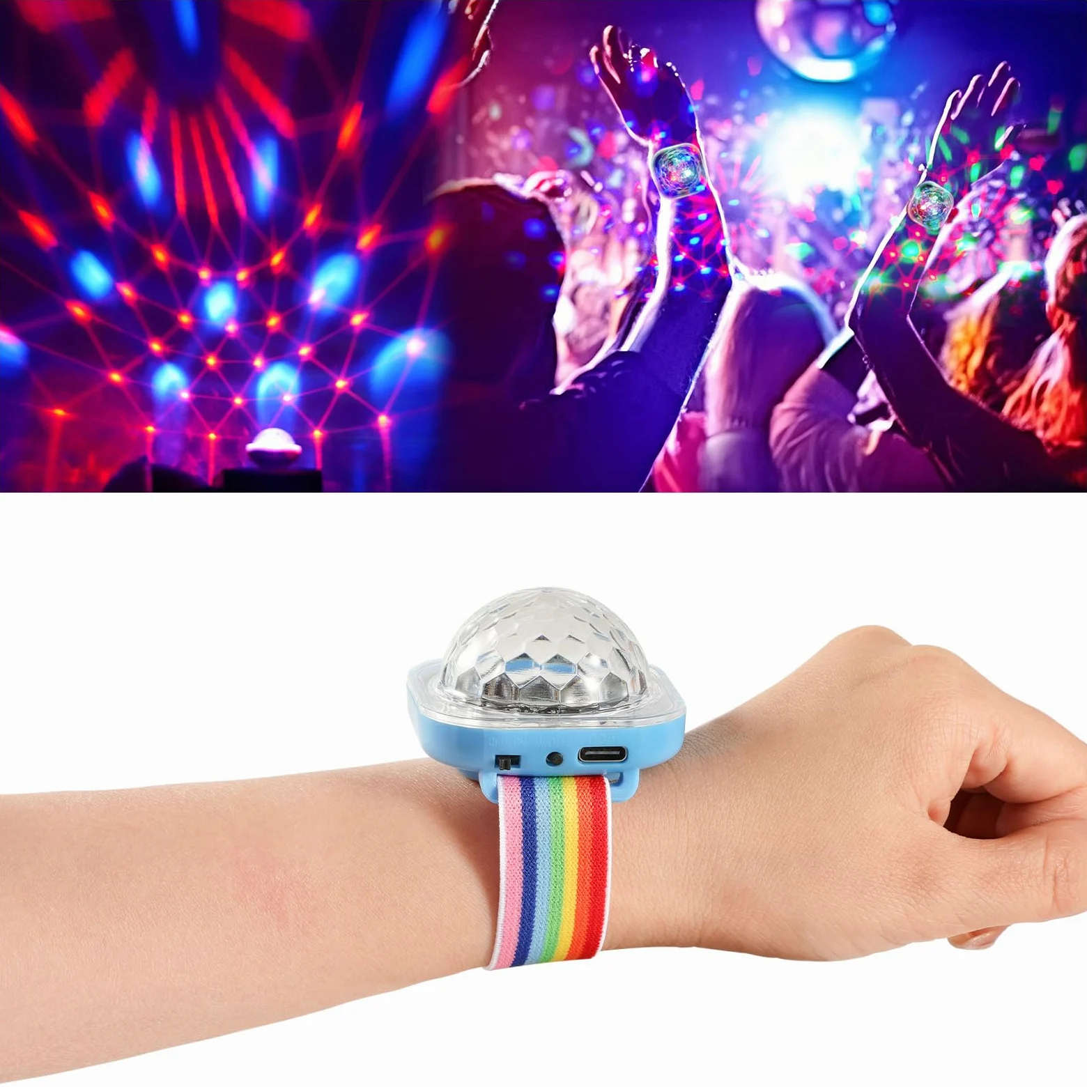 Disco Ball Licht, Tragbare Mini Tragbare LED Lampe Nacht Stroboskop Uhr Armband USB Aufladen Sprachgesteuert mit Saugnapf für Party Auto Tanzen DJ Club(Rosa/Gelb/Blau/Weiß)