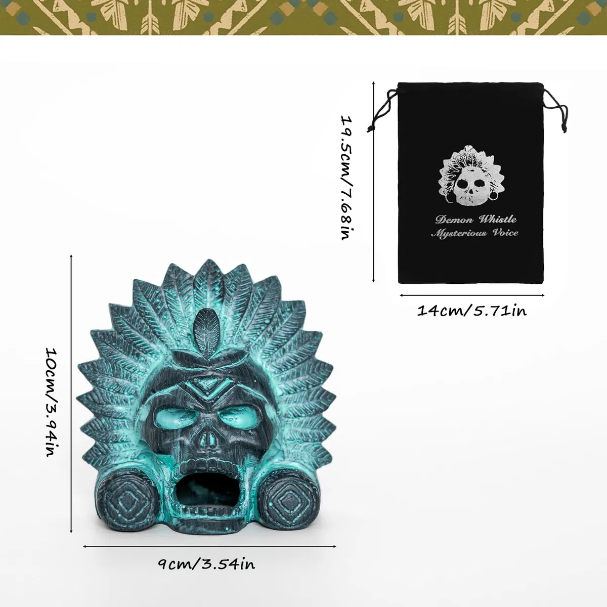 Handgefertigte Aztekische Todespfeife mit Kordelzugbeutel | Azteken Kriegspfeife, Realistische Soundeffekte, Halloween Geschenk, Outdoor-Aktivitäten, Zum Sammeln