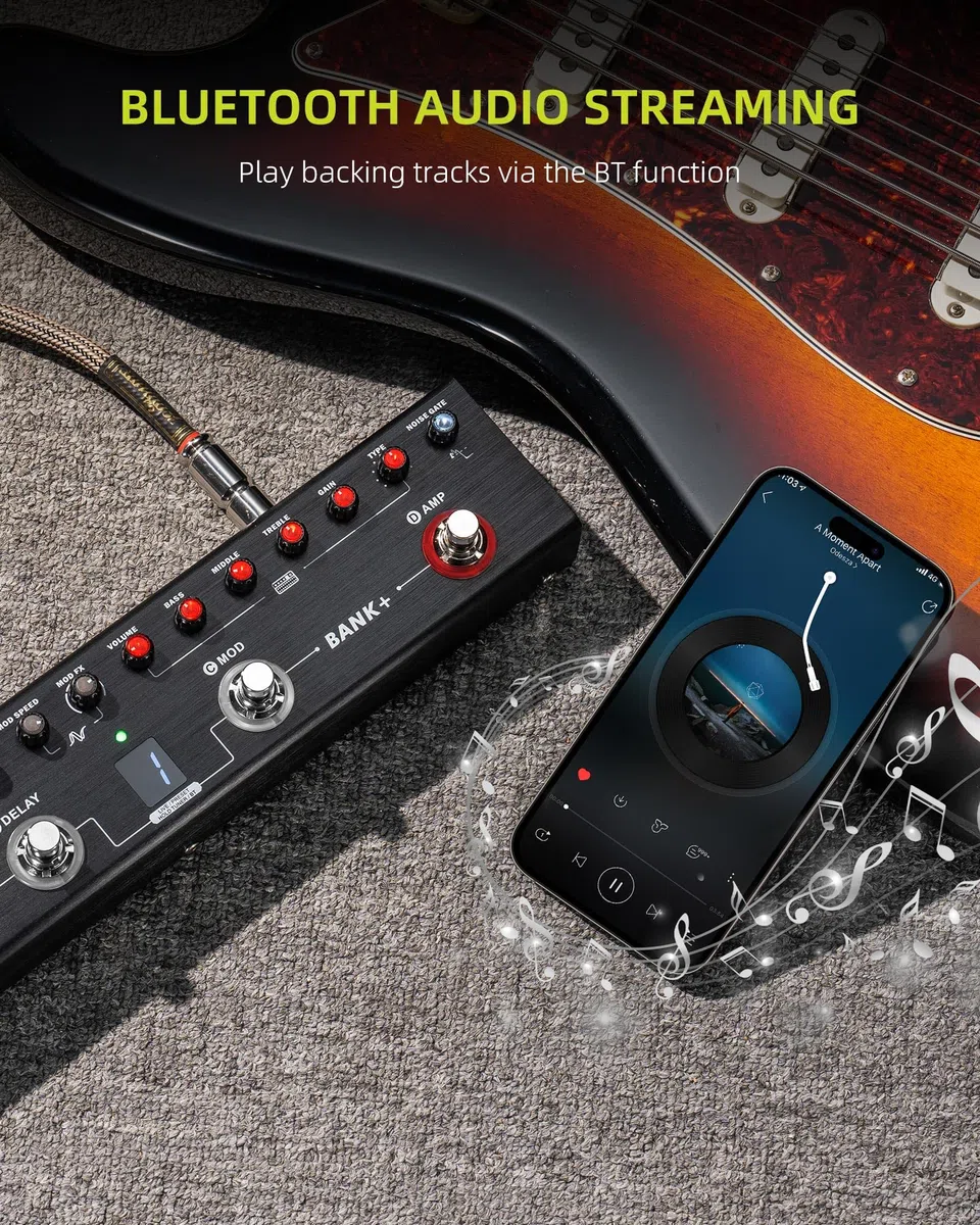 LEKATO Gitarren-Multieffektpedal, 36 Presets, 9 Verstärker, 8 IRs (IR-Laden), App-Steuerung, Bluetooth-Musikwiedergabe, USB-Aufnahme, 12-Stunden-Akku, Kopfhörerausgang, TANK-G
