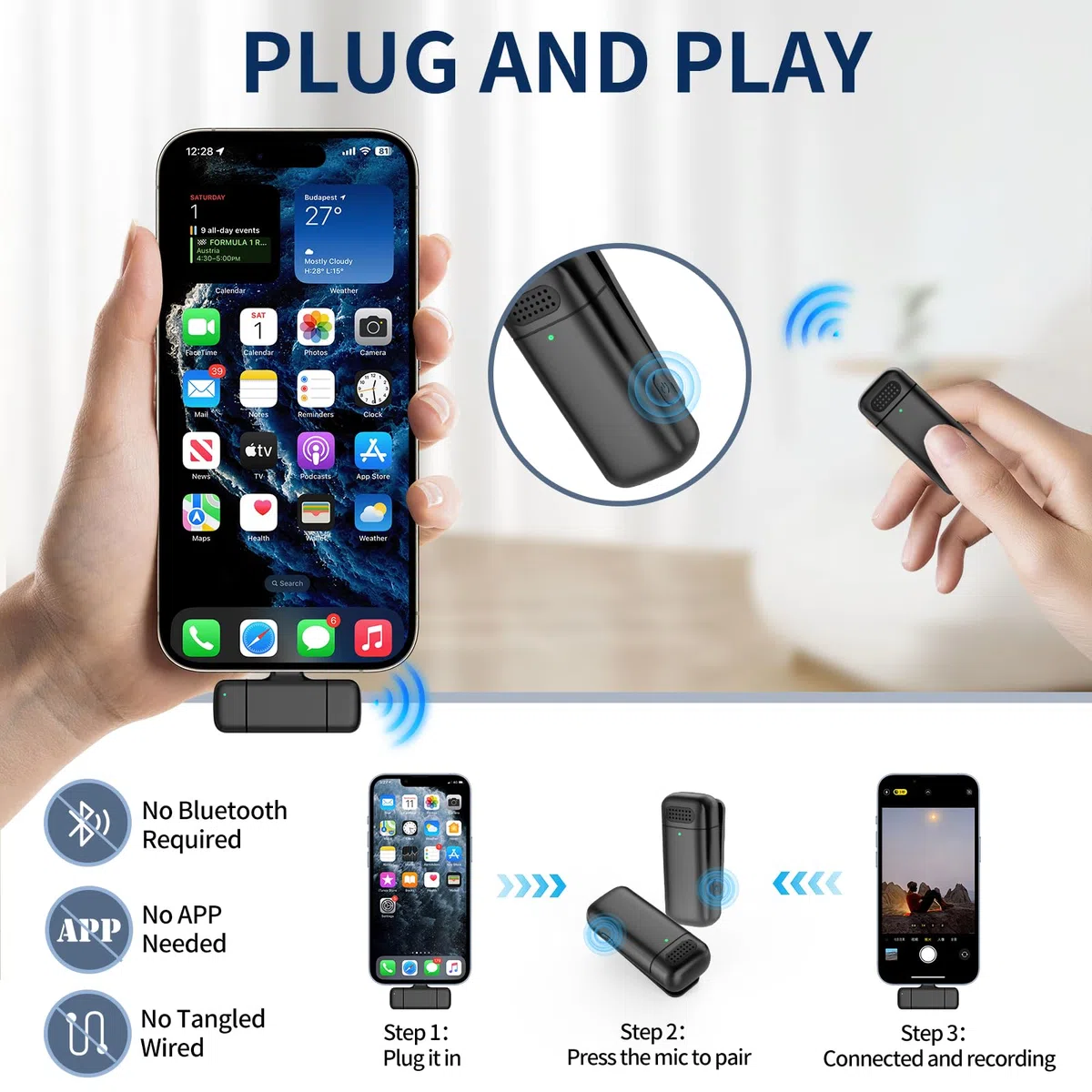 Kabelloses Mikrofon mit Ladehülle für iPhone, iPad, Android, USB-C Lavalier Mikrofon Rauschunterdrückung Ansteckmikrofon für Aufnahmen, YouTube, Facebook, TikTok, Vlog Livestream,Plug and Play