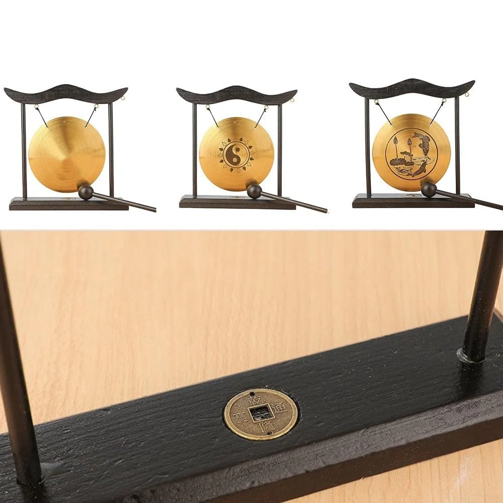 Tisch-Gong-Sets, chinesischer Desktop-Gong, Messing-Percussion, Mini-Tisch-Gongs, Feng Shui, Heimdekoration mit Holzsockelrahmen für Heimdekoration, Büro, dekoratives Ornament
