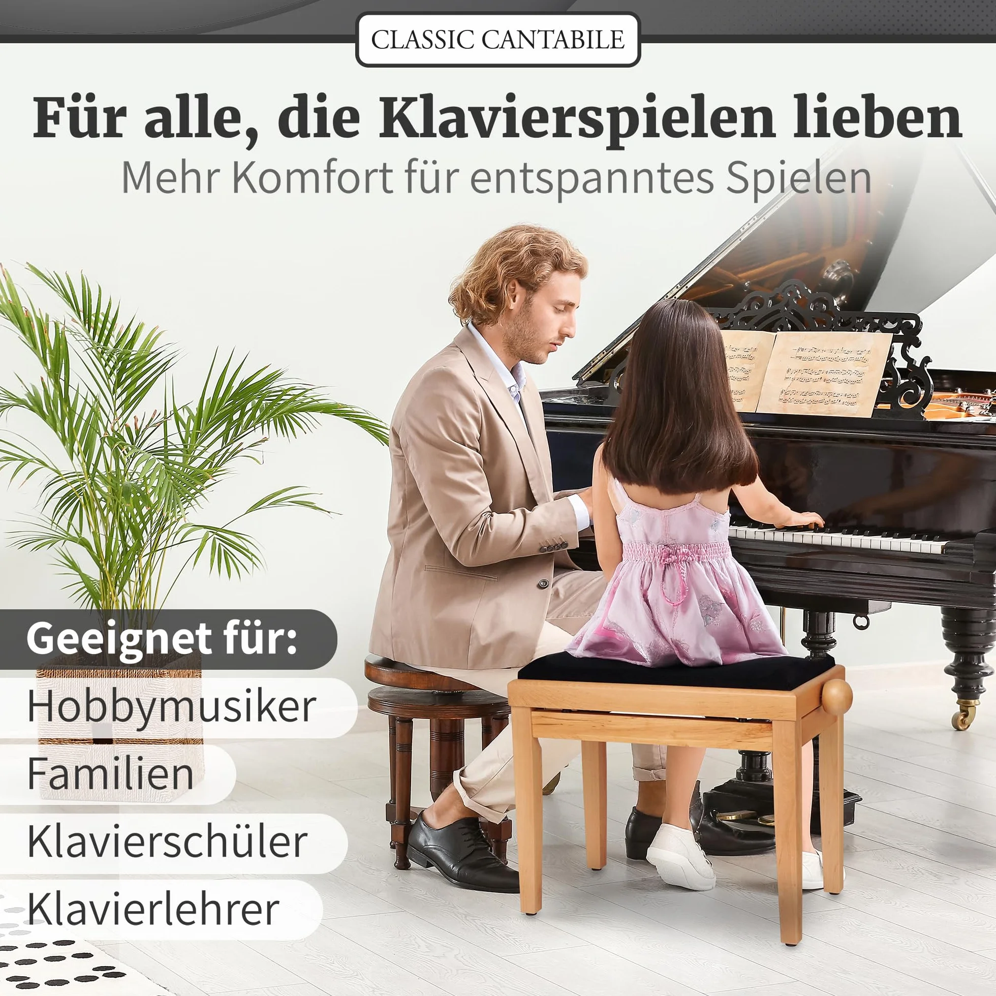 Classic Cantabile Pianobank Kirsche-matt (Höhenverstellbar von 47-56cm, Spindelmechanik, Sitzfläche 55 x 32cm, schwarzer Velourbezug, stabil)