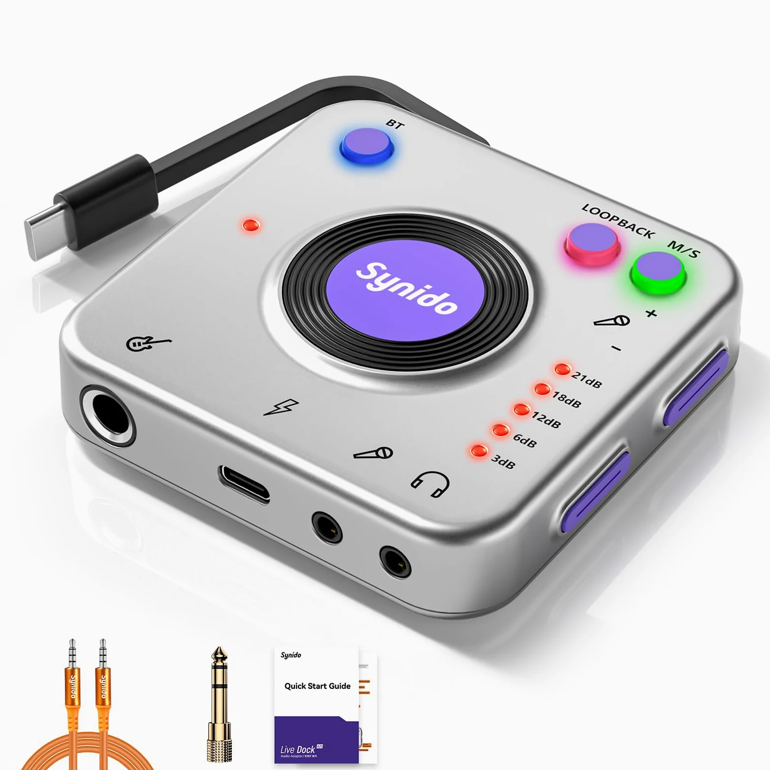 Synido Audio-Interface zum Aufnehmen von Musik mit Instrumenten-Verstärkungssteuerung, 24 Bit/96 kHz, tragbare HiFi-Audio-Schnittstelle, kommt mit USB-C, leichter Audioadapter für