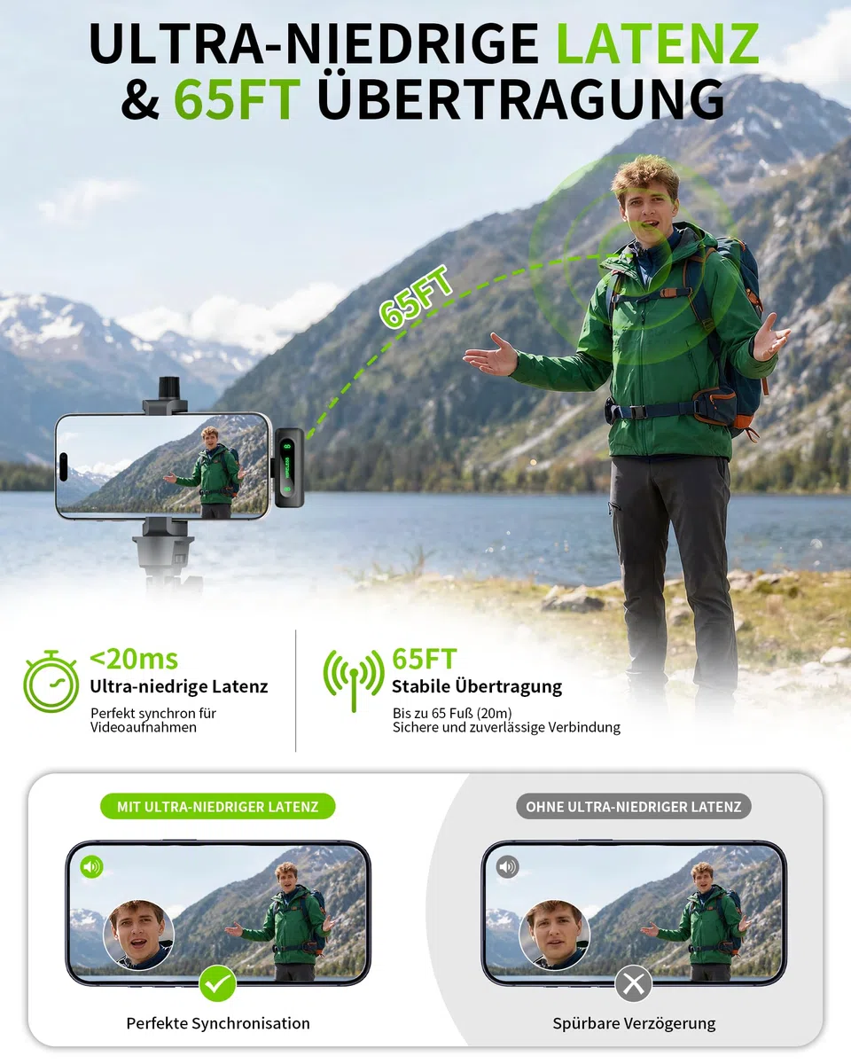 Handy-Mikrofon Mini für iPhone Android und PC - Plug & Play Mini Mikrofon mit Windschutz, Lavalier Mikrofon Wireless mit Batterieanzeige und Geräuschunterdrückung, ideal für YouTube, TikTok, Interview