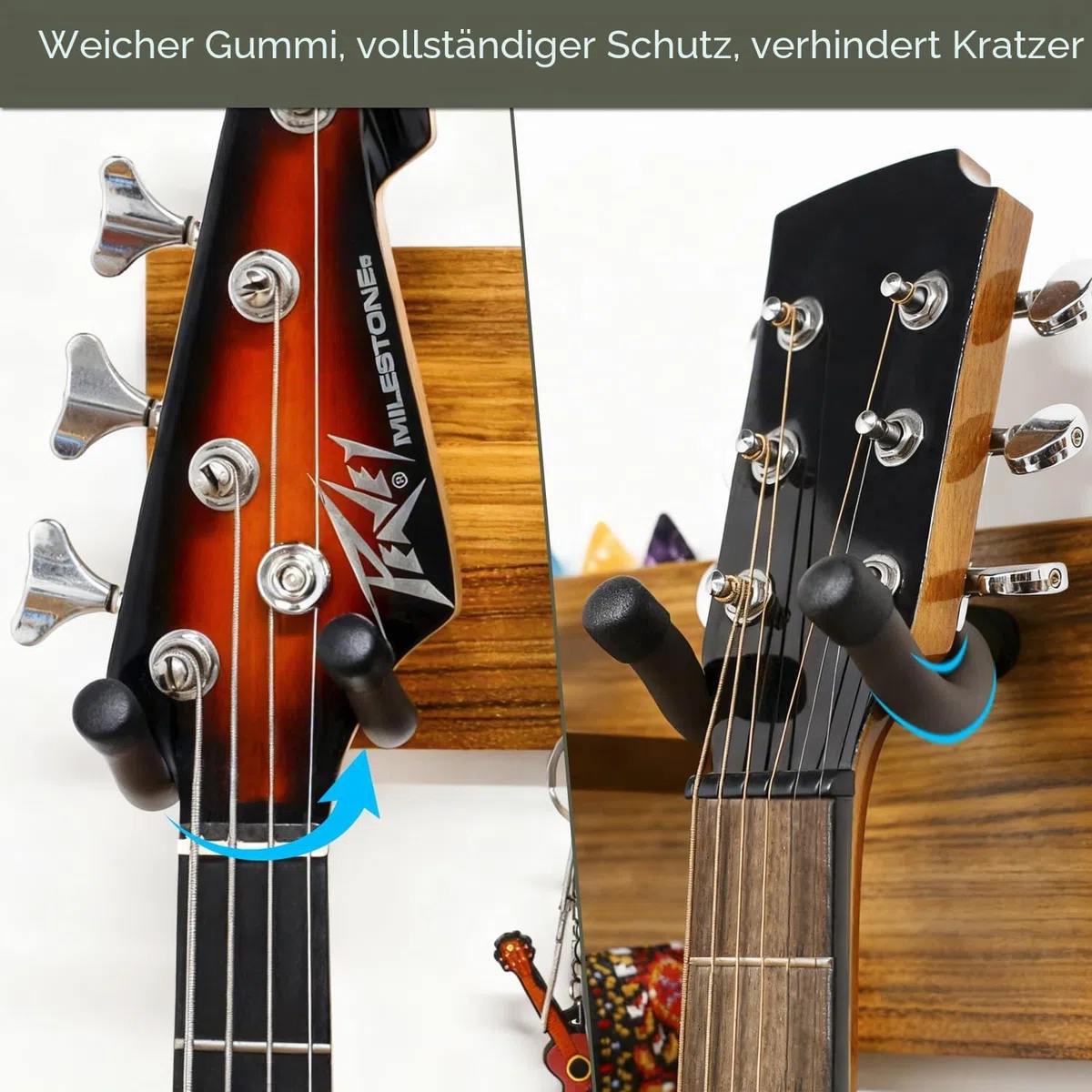 Gitarrenwandhalterung,Massivholz, Gitarrenwandaufhänger mit 3 Aufbewahrungshaken und 2 drehbaren Gummi Gitarrenaufhängern,Gitarrenständer mit Ablage und Plektrum Halter