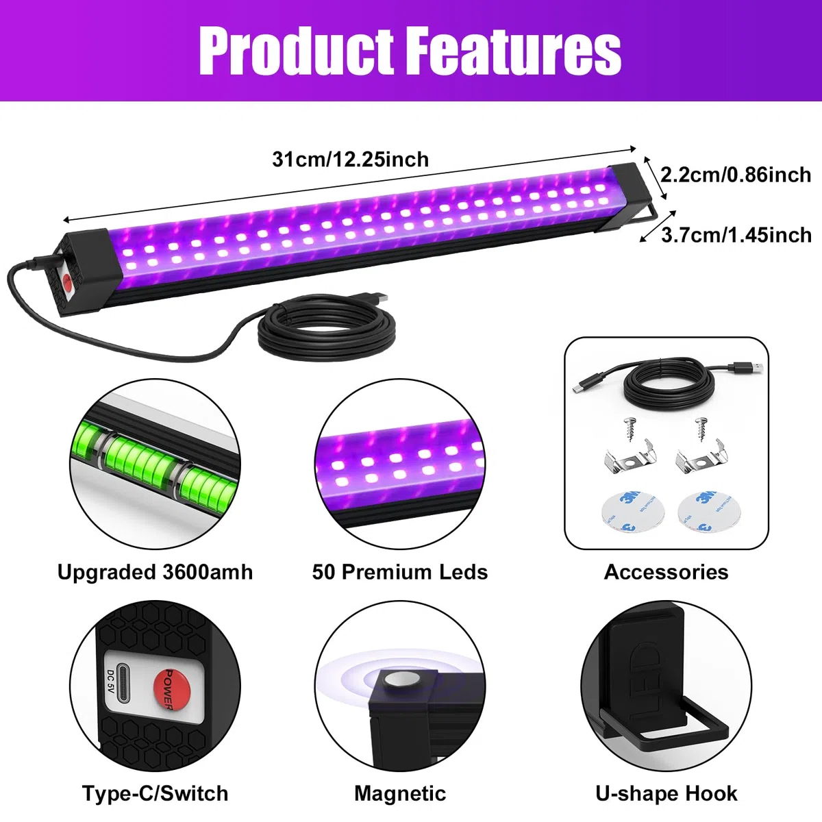 Wiederaufladbare Schwarzlicht, 31 cm 50 LEDs UV Schwarzlichtlampe mit 3600mAh Akku, 3 Modi (Hoch, Niedrig, Blinken), Type-C Ladekabel, Tragbar für Glow-Partys, Body Art und Home-Deko
