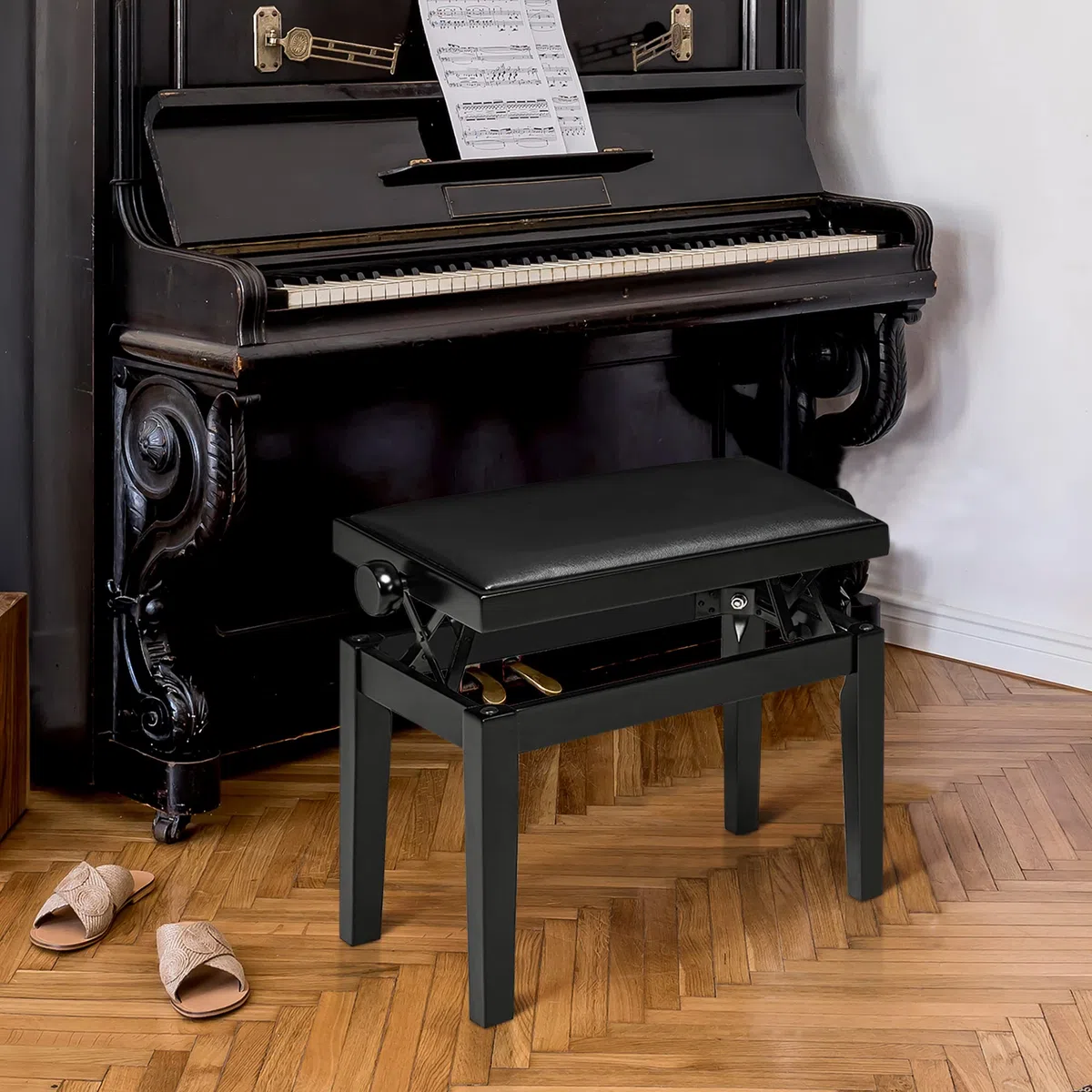 HOMCOM Klavierhocker Höhenverstellbare Klavierbank mit Lederkissen Pianobank Kunstleder Gummiholz Schwarz 63 x 33 x 45-56 cm