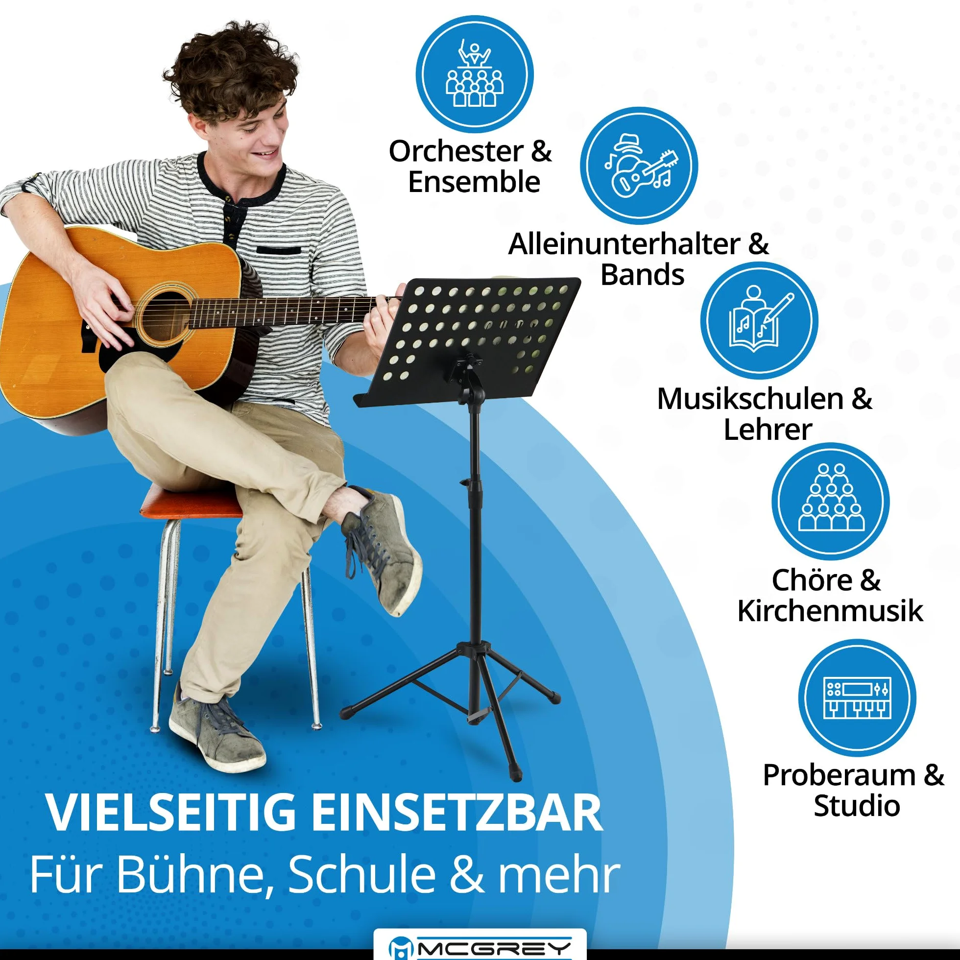 McGrey 11940 Orchesterpult Lochblech Set - stufenlos verstellbar - mit Notenklemmen - inkl. Ablagebox - schwarz