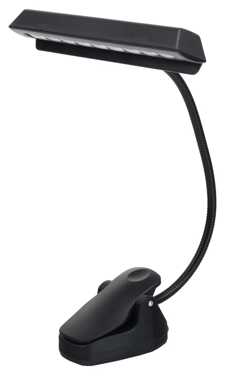 Showlite LED-Notenpultleuchte mit 9-LEDs in Reihe (Batterie-, Netz- oder USB-Betrieb, Klemmlampe, Standleuchte, Schwanenhals Lampe, Leuchtdioden) schwarz