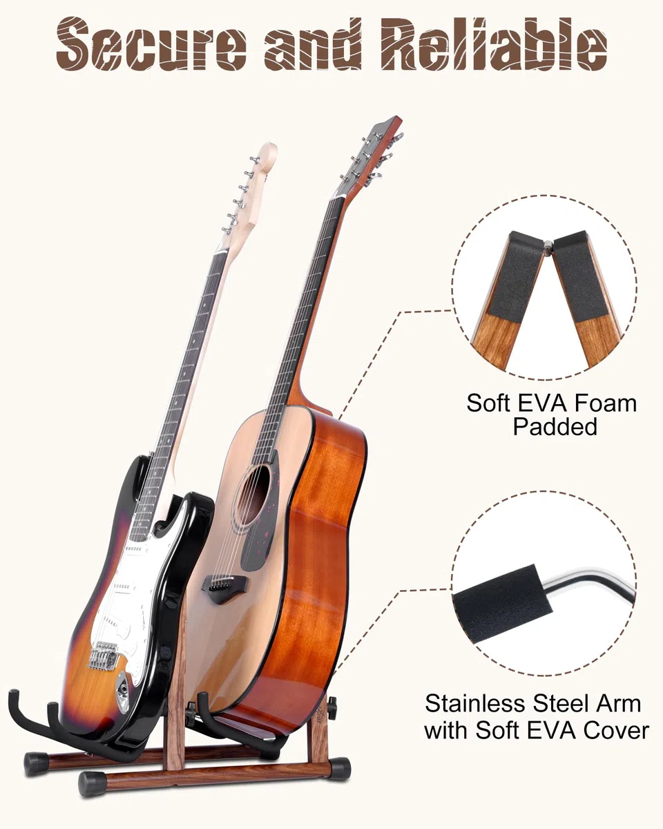 Doppel-Gitarrenständer, A-Form für 2 Gitarren (Akustik/E-Bass/Banjo) mit Schaumpolster – starker Bodenständer für Studio & Zuhause