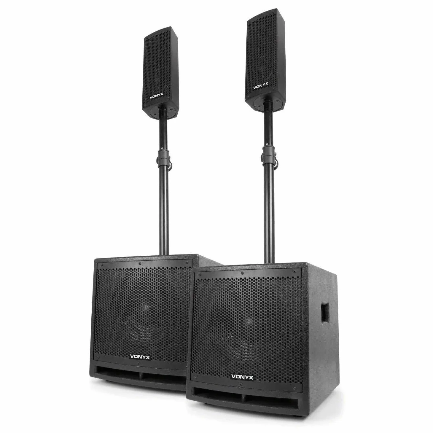 Vonyx VX1000BT PA Lautsprecher Set, Aktiv Musikanlage, 1000 Watt 2X Subwoofer, 2X Topteile, 2X Bi-amp Lautsprecherkabel, für Partys, Gigs und kleine Festivals, schwarz