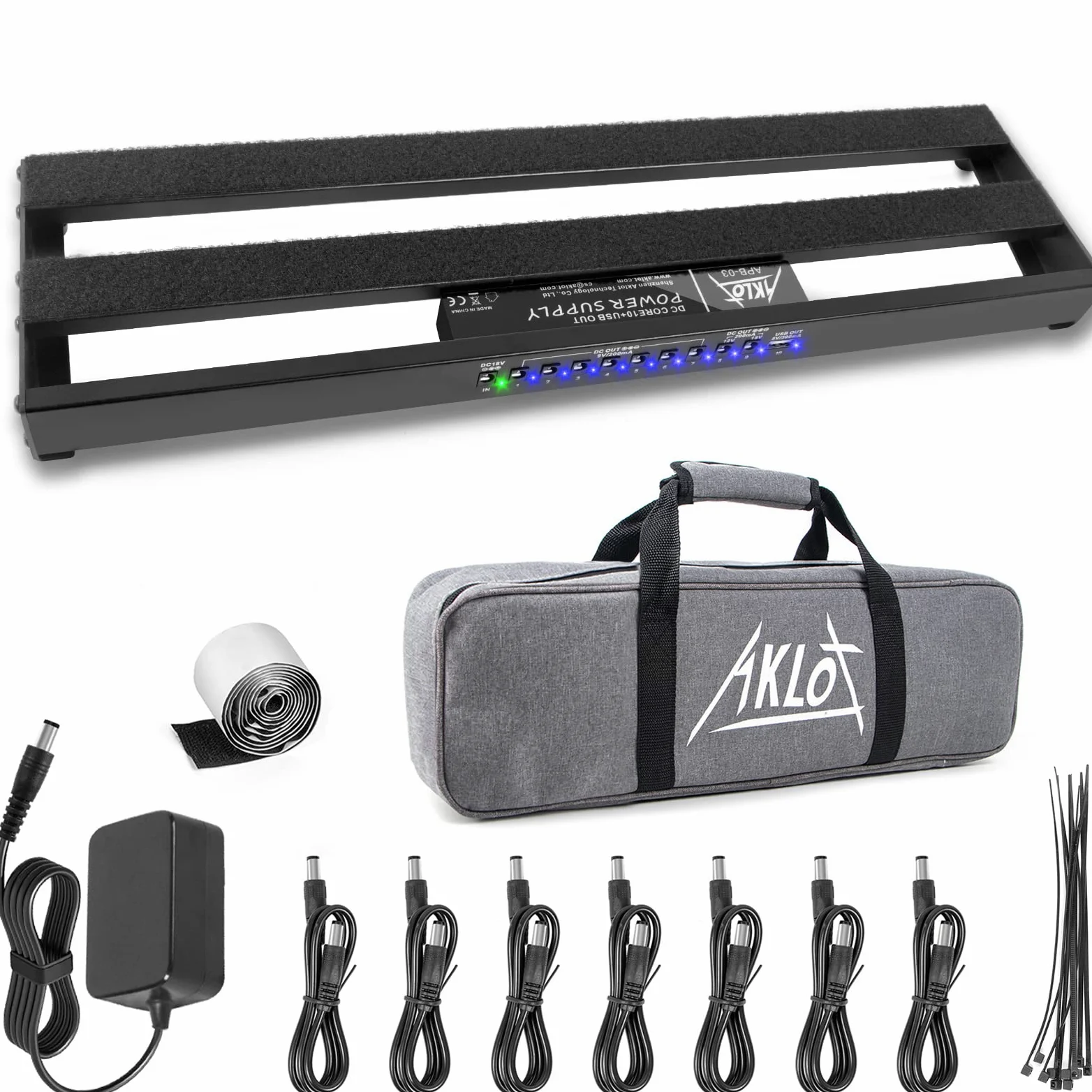 Pedalboard,AKLOT Gitarre Pedal Board mit eingebautem Netzteil Gitarren-Effektpedal Aluminiumlegierung Netzteil 48,5 x 13x 4,3cm mit Tasche Pedalkabel Klettverschluss