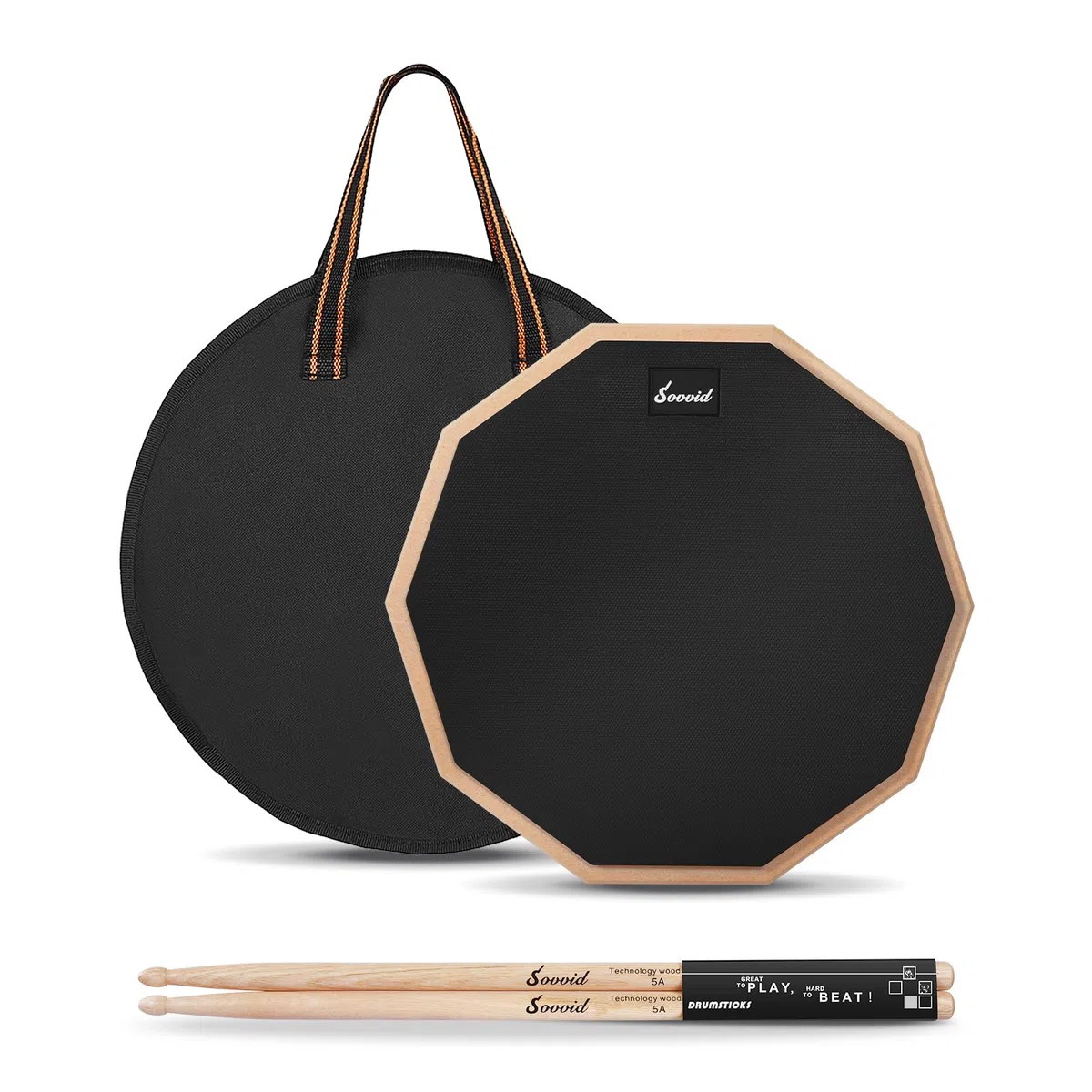 12 Zoll Drum Pad und 5A Drum Sticks, Doppelseitiges Snaredrum-Übungspad für Drummer, Silent Practice Drum Pad mit Aufbewahrungstasche - Schwarz