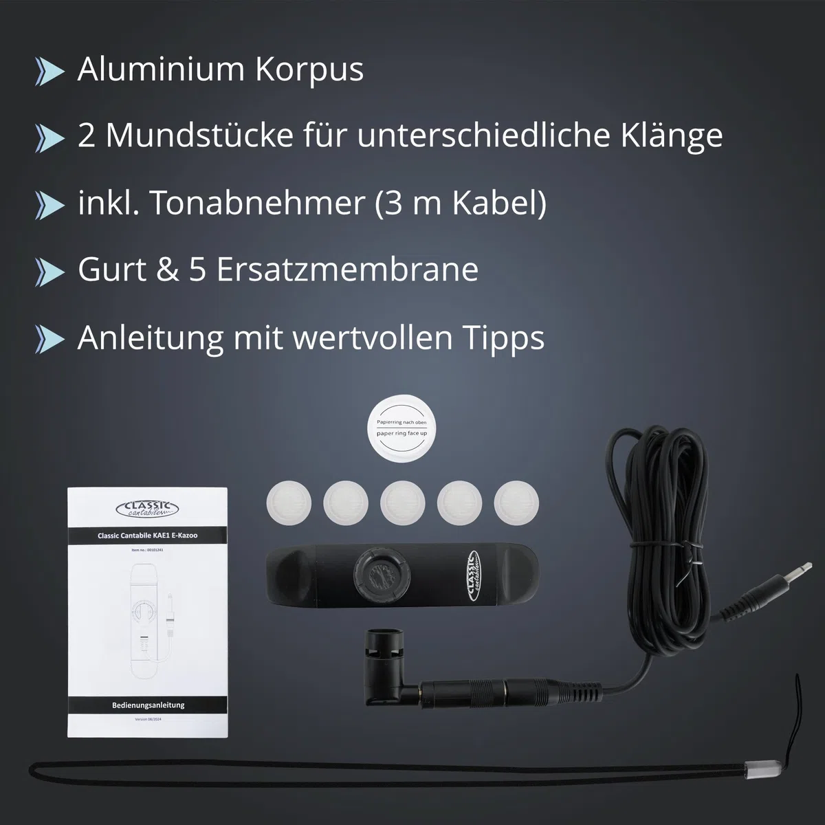 Classic Cantabile KAE1 E-Kazoo - elektrisches Instrument aus Aluminium in schwarz - mit Tonabnehmer, 2 Mundstücken, Membran-Regler, 5 Ersatzmembranen & 3m Kabel - für Bühne, Studio & kreative Sounds