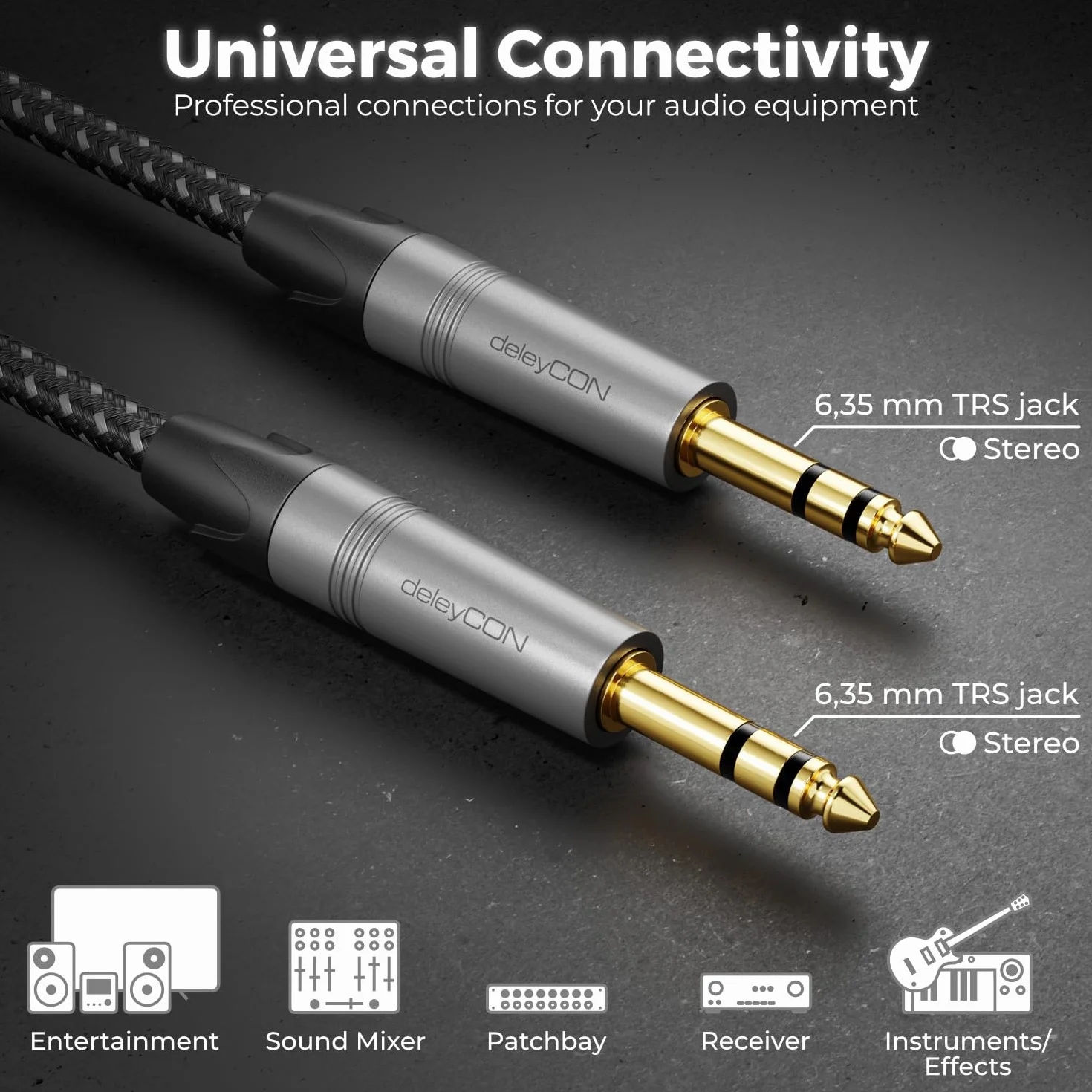 deleyCON 15m Instrumentenkabel Klinkenkabel 6,35mm auf 6,35mm Klinke TRS (Stereo) AUX - Studio Qualität - aus reinem OFC Kupfer (AWG24) - für Verstärker Mixer E-Gitarre Bass Keyboard