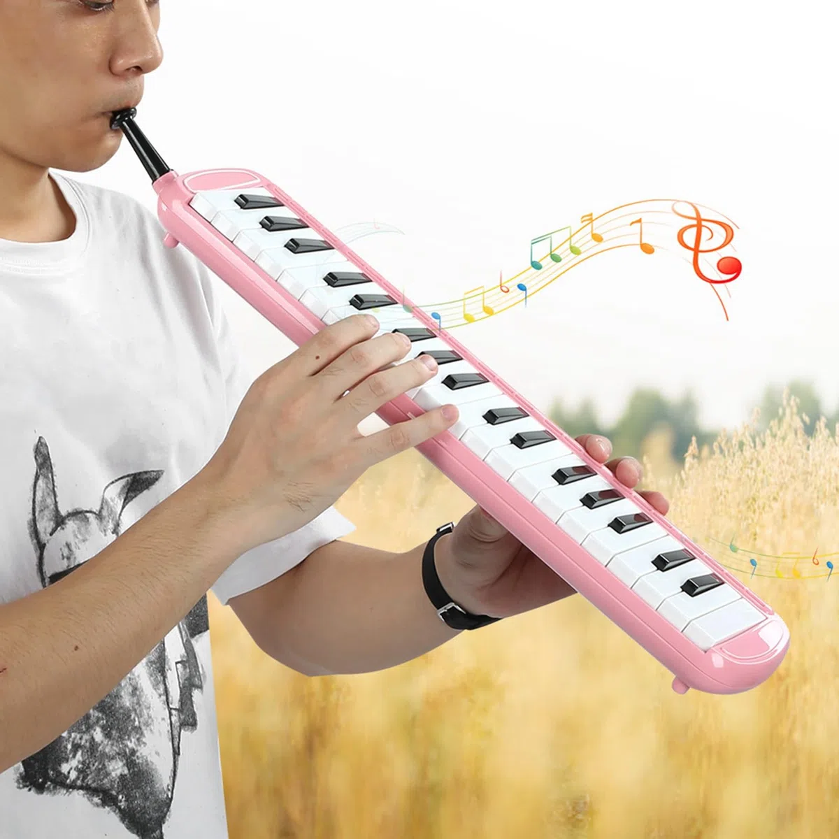 37 Tasten Melodica, Blasmusikinstrument aus Edelstahl mit Kurzen Mundstücken Tragetasche geeignet für musikalisches Geschenk für Jungen und Mädchen (Rosa)