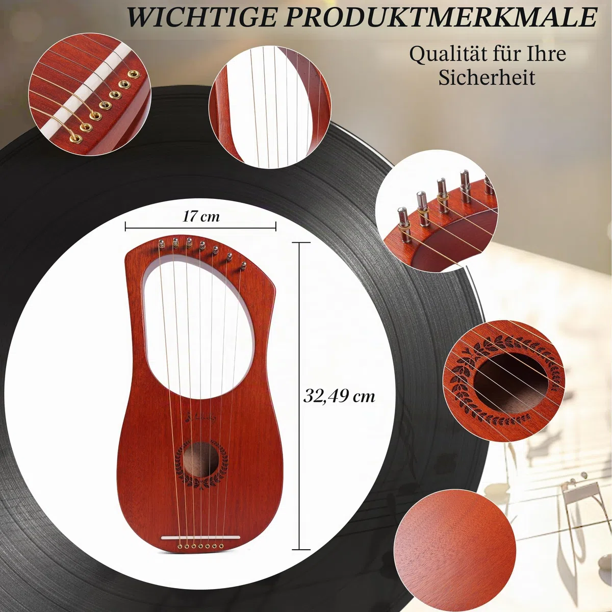 Mulucky Lyre Harp 7 Metall-Stahlsaiten Knochen Sattel Mahagoni Lyre Instrument mit Stimmschlüssel und schwarzer Gigbag - MLH701
