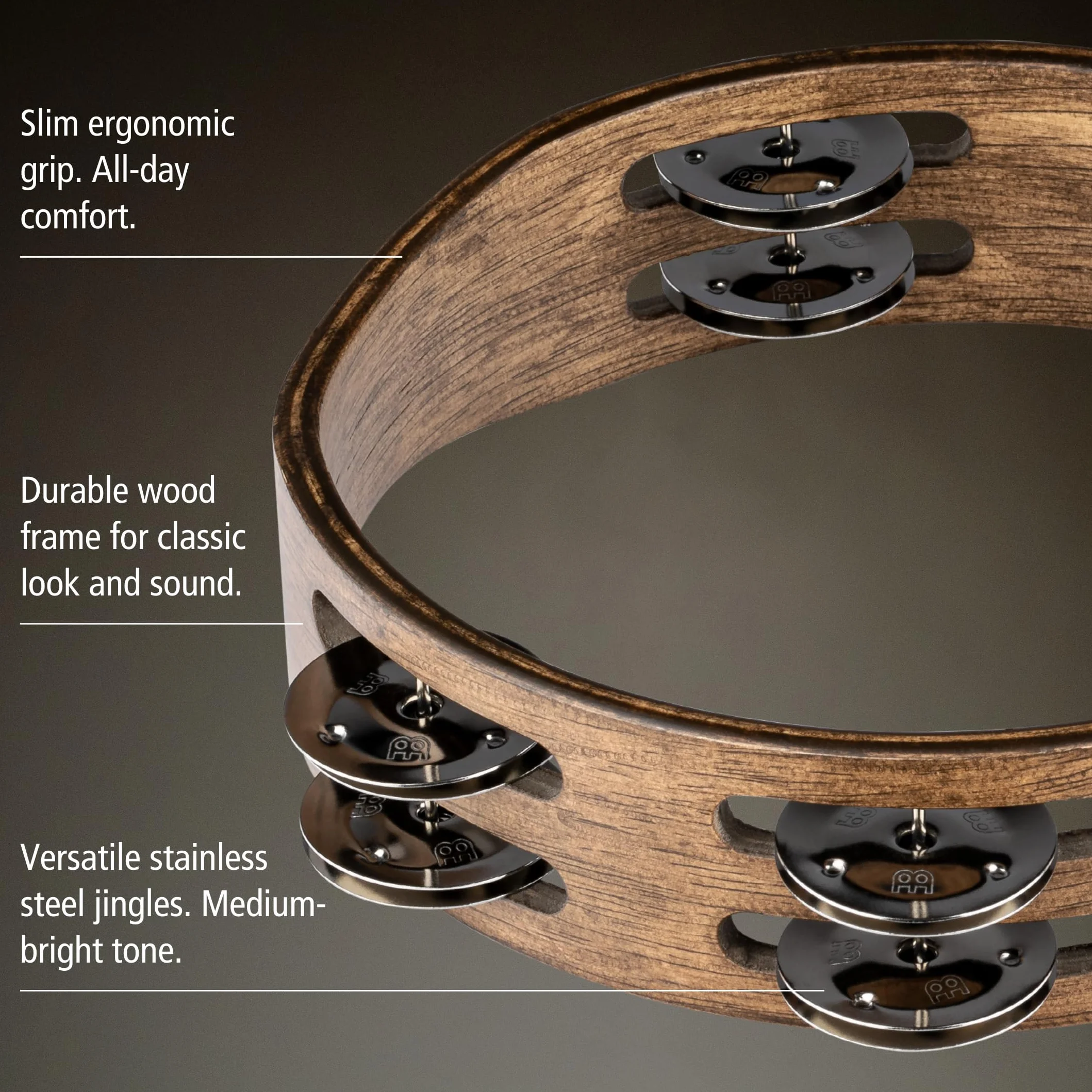 Meinl Percussion Compact Wood Tambourine - 2-reihiges Tamburin - Durchmesser 8 Zoll - Siam Eiche / Stahl, Walnut Brown/ Natur (CTA2WB)