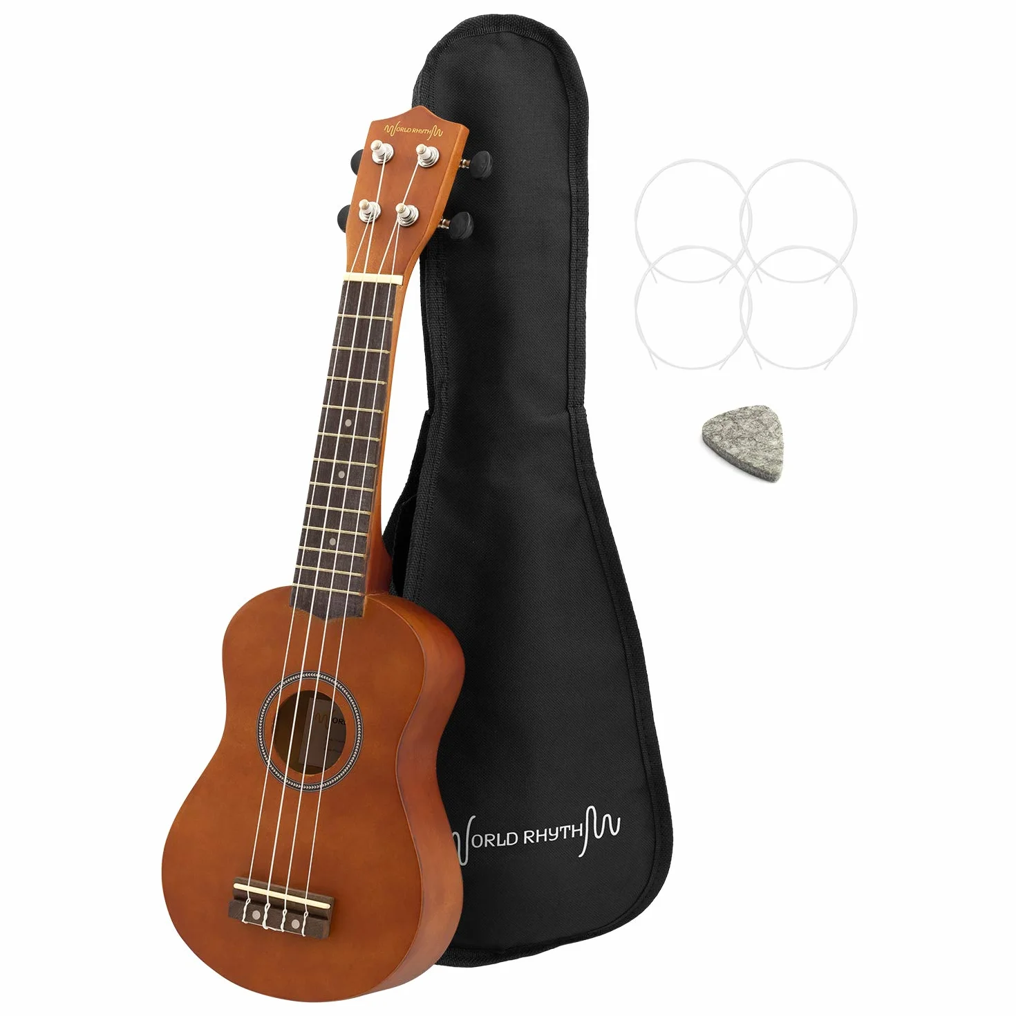 World Rhythm Sopran-Ukulele für Anfänger, natürliches Finish, mit Gigbag, Ersatz-Ukulele-Saiten und Filz-Plektrum, natur, WR-302