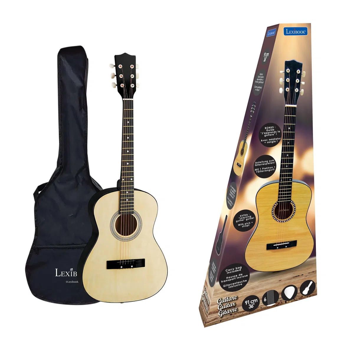 Lexibook, Akustikgitarre aus Holz, 36'' lang, inklusive Lernanleitung, 6 Nylonsaiten, inklusive Tragetasche, Holz/Schwarz, K2200