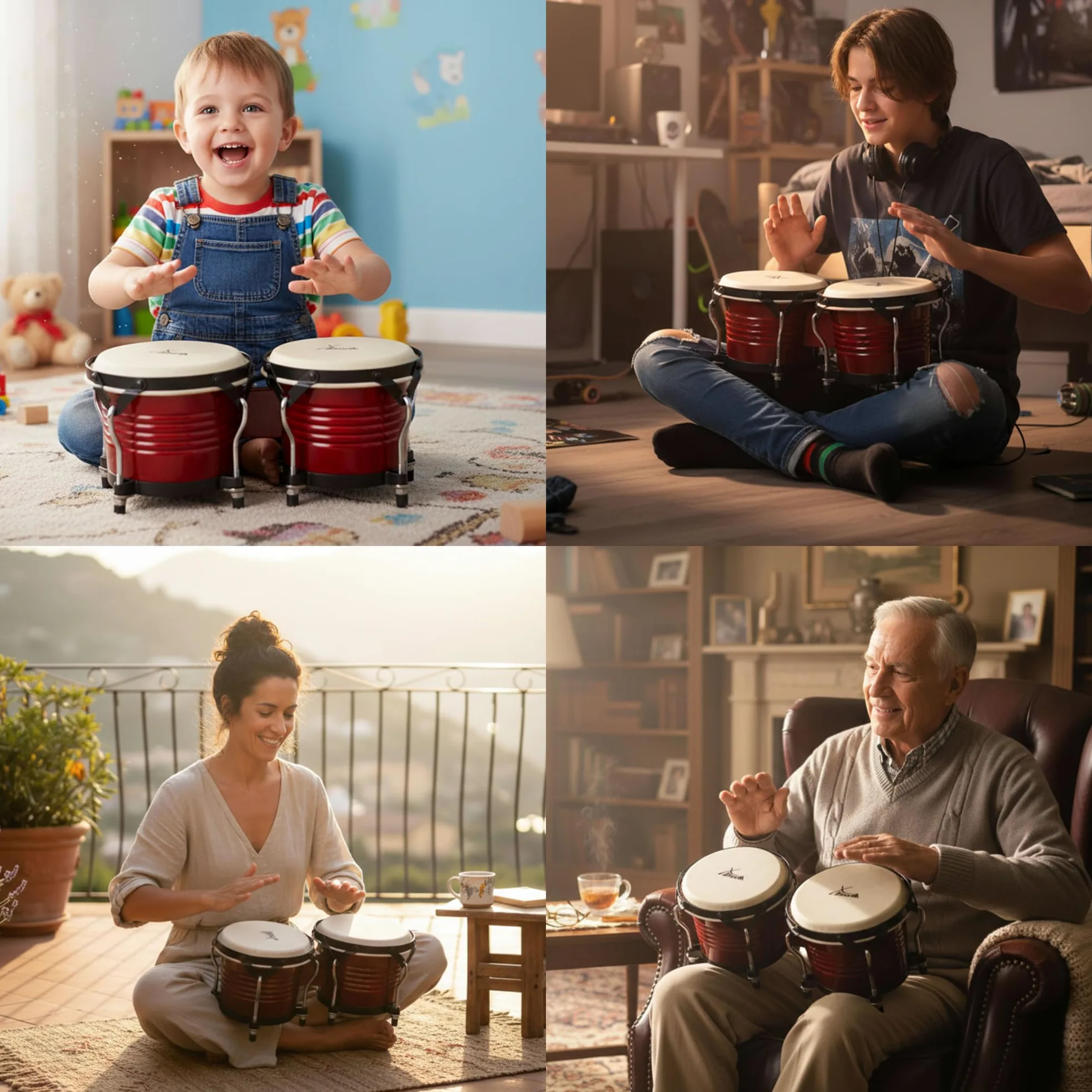 XDrum Bongos Pro Tobacco - 2 Trommeln mit 6,5" (17 cm) und 7,5" (20 cm) Durchmesser - Bongotrommeln mit stimmbaren Naturfellen, Stimmschlüssel und Ständer - Holztrommeln Braun