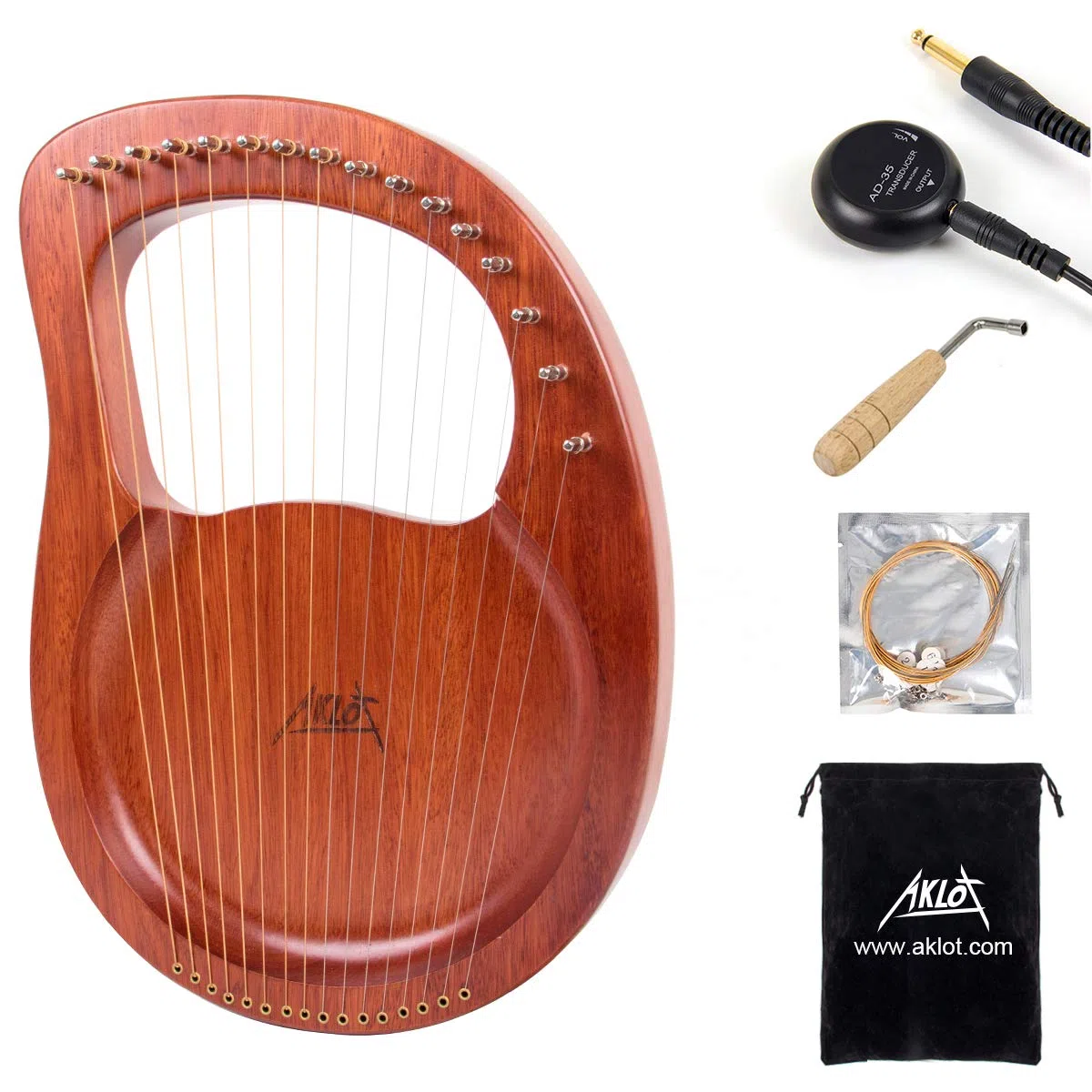 AKLOT Lyre Harp, 16 Metallsaiten, Mahagoni, Laugenharfe mit Stimmschlüssel, Ersatzsaiten-Set, Tonabnehmer, schwarze Gigbag