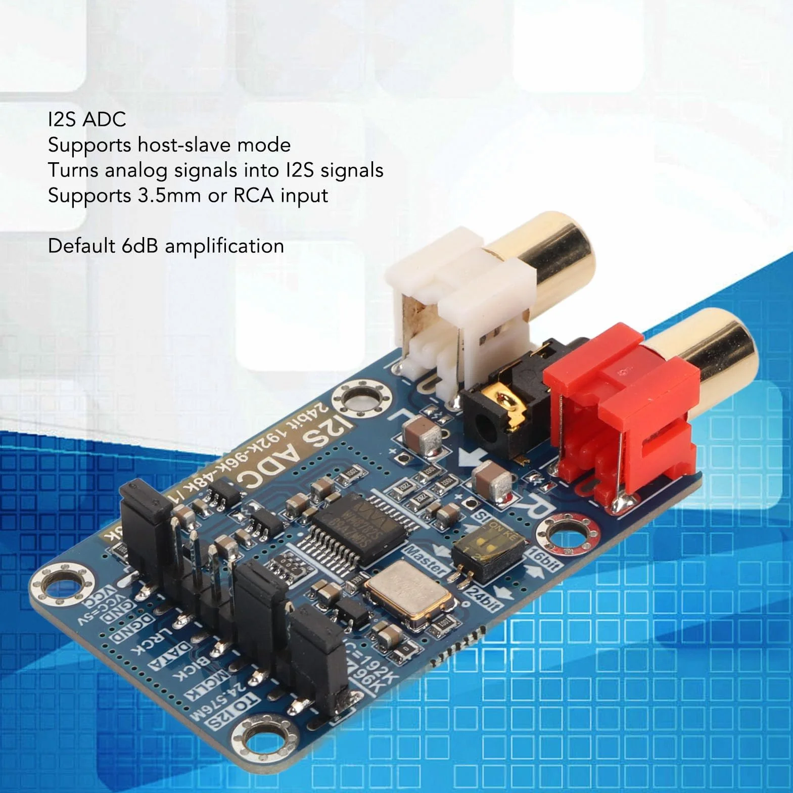 I2S ADC Modul, hochauflösender Analog zu I2S Konverter mit 3,5 mm Eingang, Master/Slave Modi, 24 Bit 192k Unterstützung, PCB Modul für Entwicklungsboards, 1 Stück