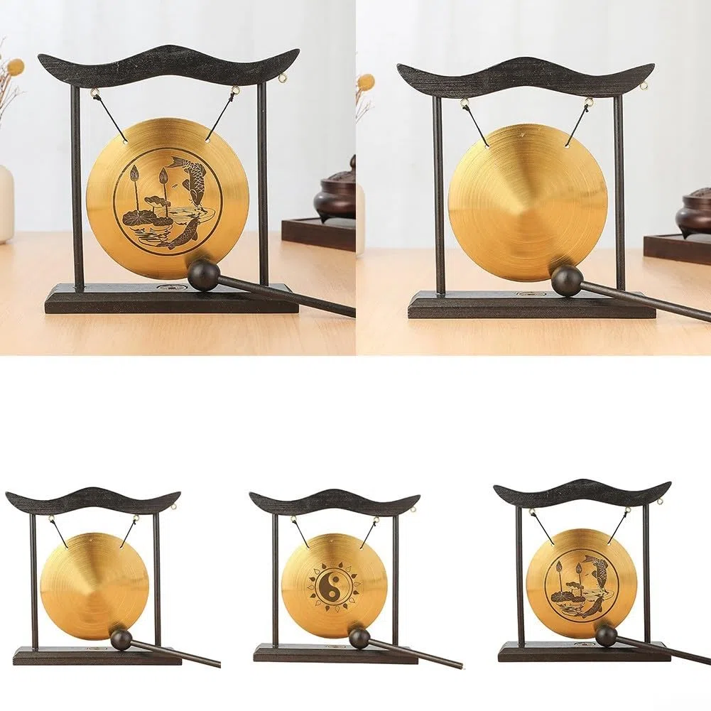 Tisch-Gong-Sets, chinesischer Desktop-Gong, Messing-Percussion, Mini-Tisch-Gongs, Feng Shui, Heimdekoration mit Holzsockelrahmen für Heimdekoration, Büro, dekoratives Ornament
