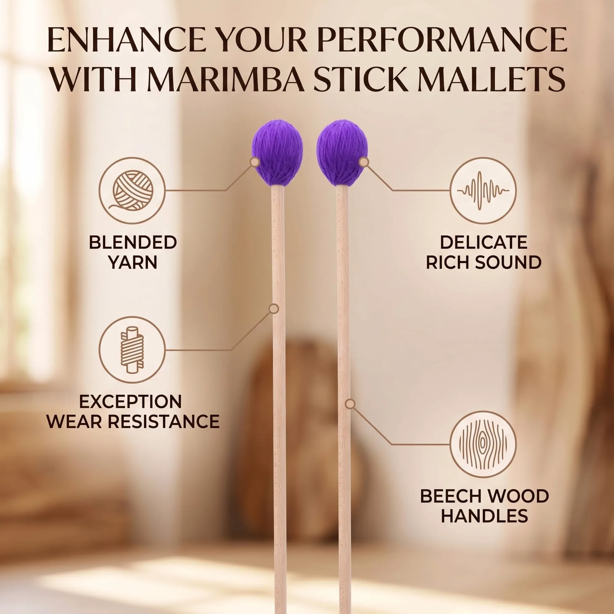 Dilwe 1 Paar runder Kopf Marimba Stick Mallets Buche Xylophon Griff Percussion Sticks Instrumente Zubeh?r(Lila) Percussion Instrument Parts
