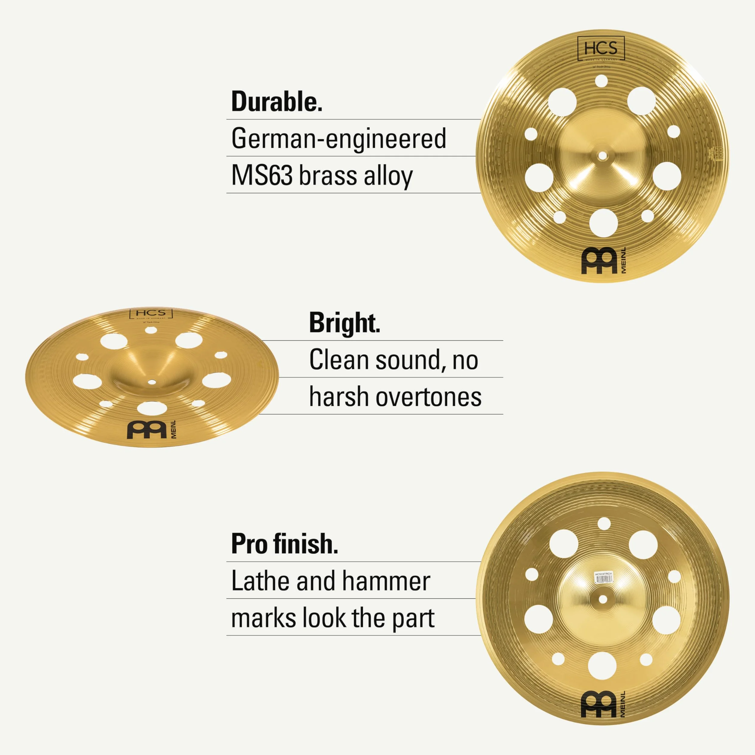 Meinl Cymbals HCS Trash China — 16 Zoll (Video) Schlagzeug Becken mit Löchern (40,64cm) Messing, Traditionelles Finish (HCS16TRCH)