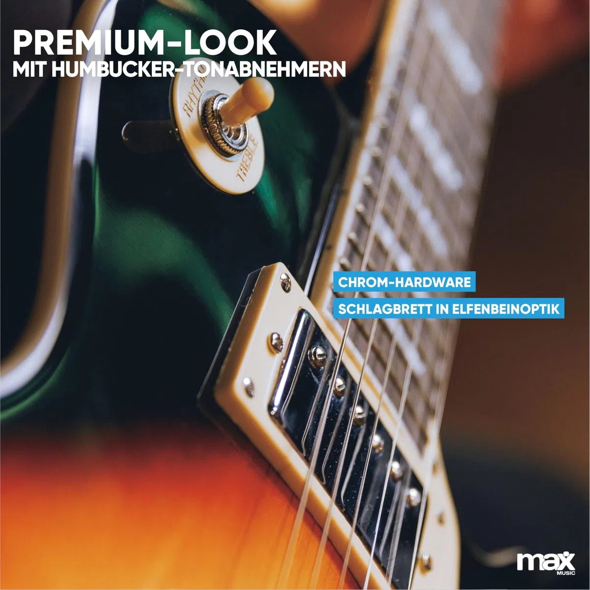 Max GigKit SC E Gitarre, E Gitarren Set mit Gitarrenverstärker, Tasche, Plektrum, Stimmgerät, Instrumentenkabel, Ersatzsaiten, Gitarrengurt, 22 Bünde - Sunburst