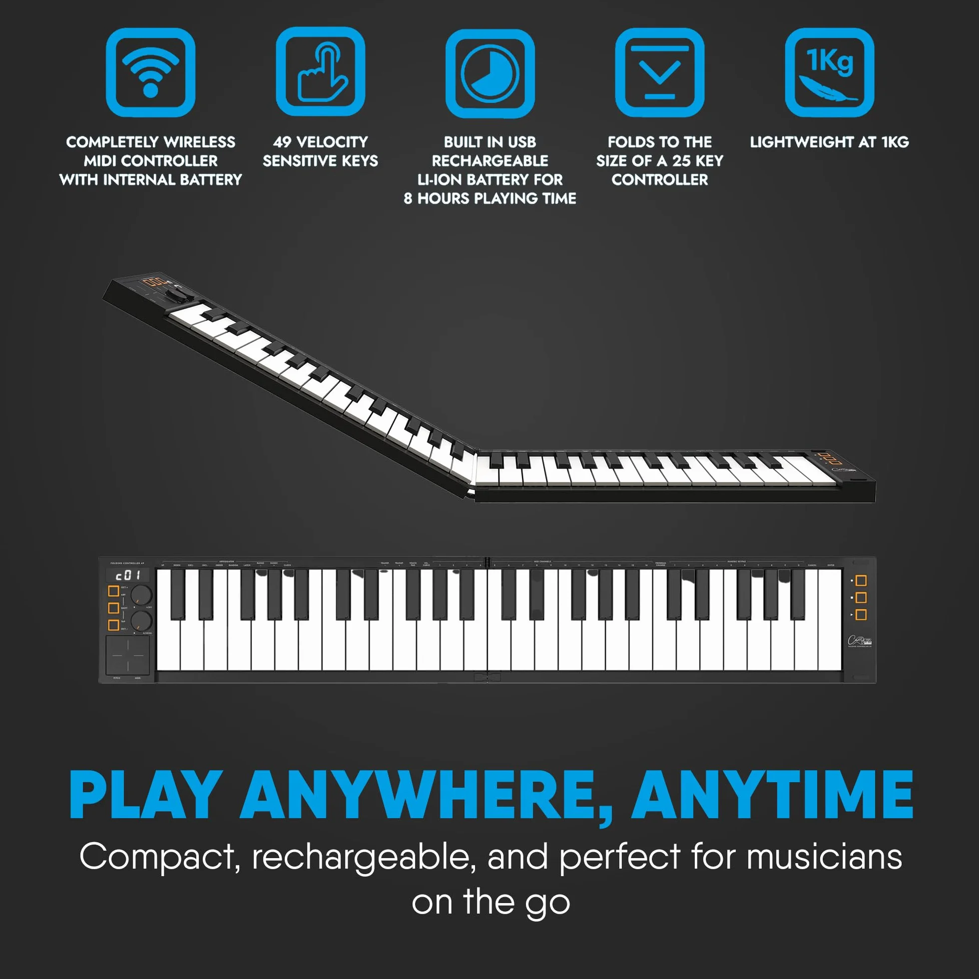 Carry-on von Blackstar FC-49 Klappbares USB Midi / Midi Over Bluetooth Controller Keyboard Eingebauter Arpeggiator, X/Y Pad,, Inklusive Cubase LE OEM & Cubase LE OEM IOS DAW Musiksoftware, grau