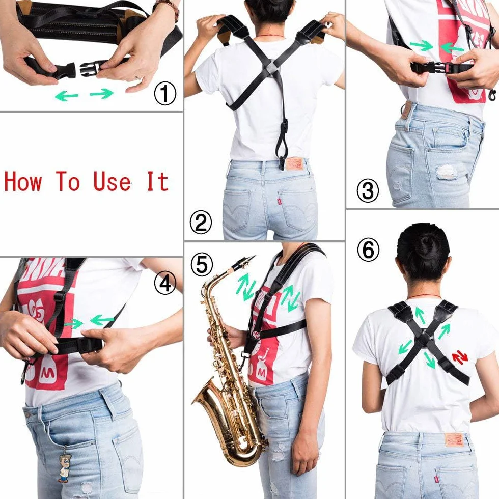 Rayzm Saxophongurt/Saxofongurt,Universal Doppel-Schultergurt aus Leder für Saxofon,Verstellbarer Gepolsterter Trageriemen für Alt,Tenor,Sopran und Bariton Saxophon (Klein)