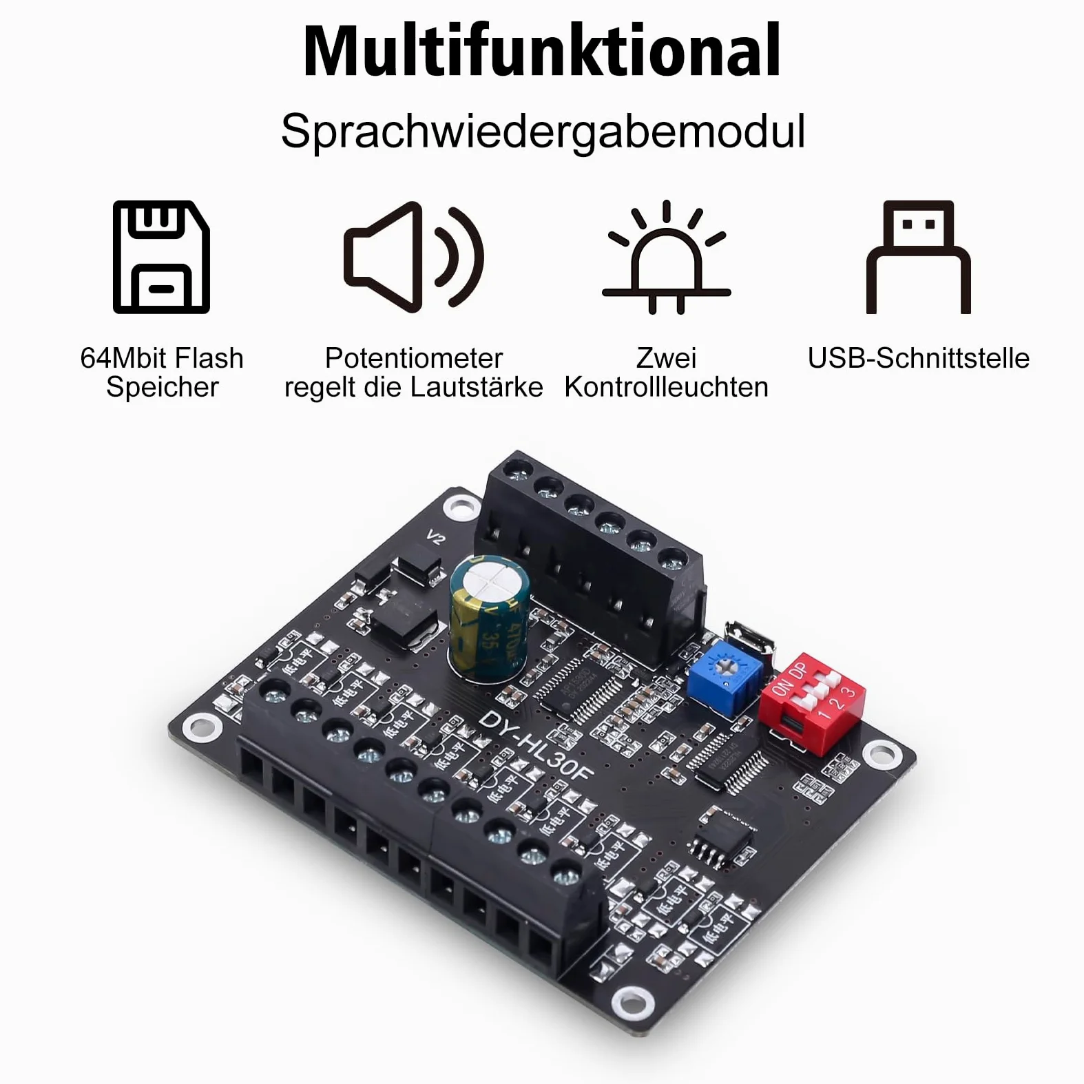 DONGKER Sprachwiedergabemodul, DC 9-24V, 30W Sprachübertragungsgerät, 9 Trigger Schnittstellen, 8 I/O Trigger Modi, Musik Player, integrierter 64Mbit Flash Speicher Sprachmodul