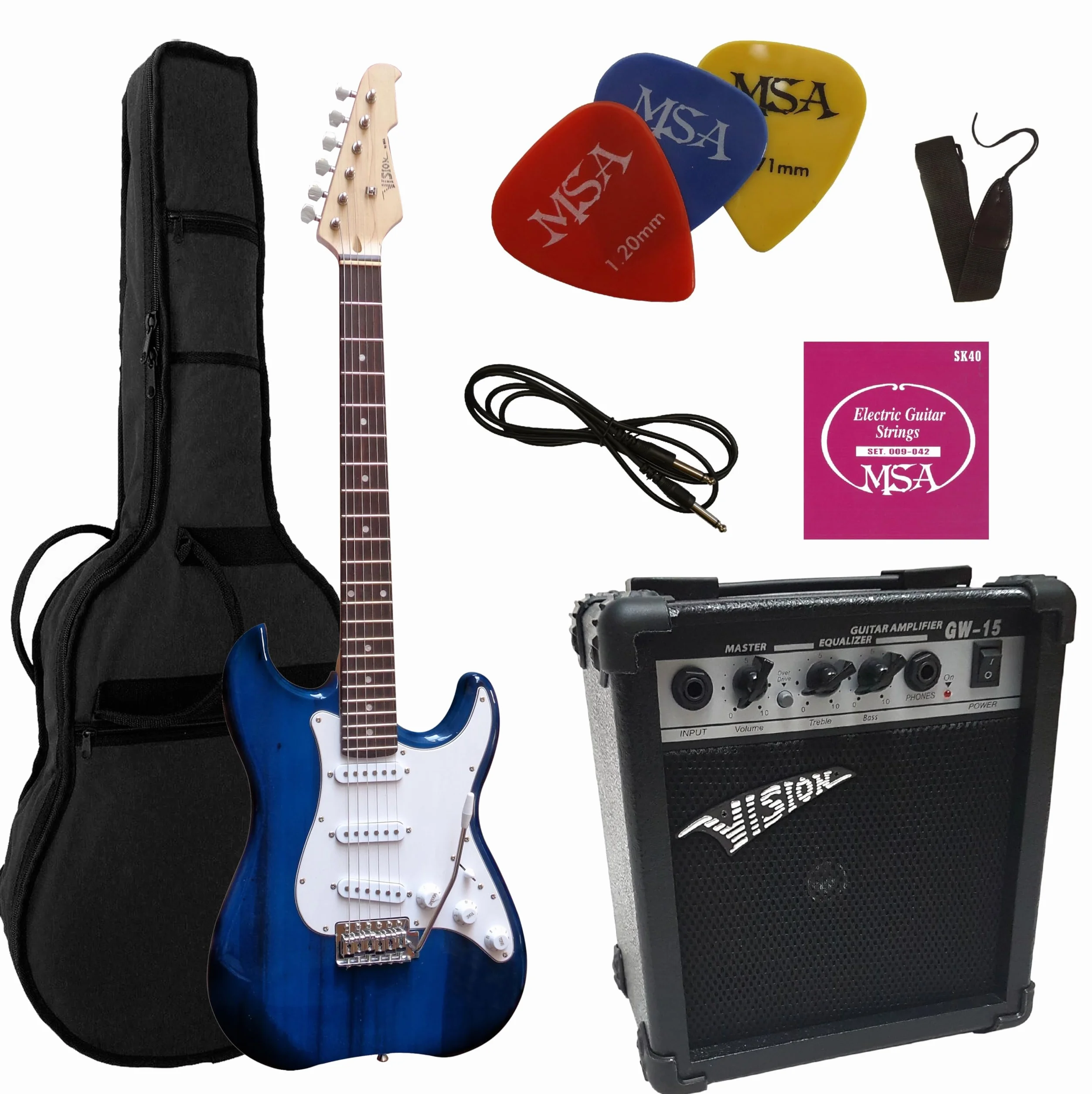 ELEKTROGITARRE DUNKELBLAU TRANSPARENT - E-GITARRE - IM SET MIT 20WATT VERSTÄRKER - TASCHE - BAND - SAITEN - 3xPIK
