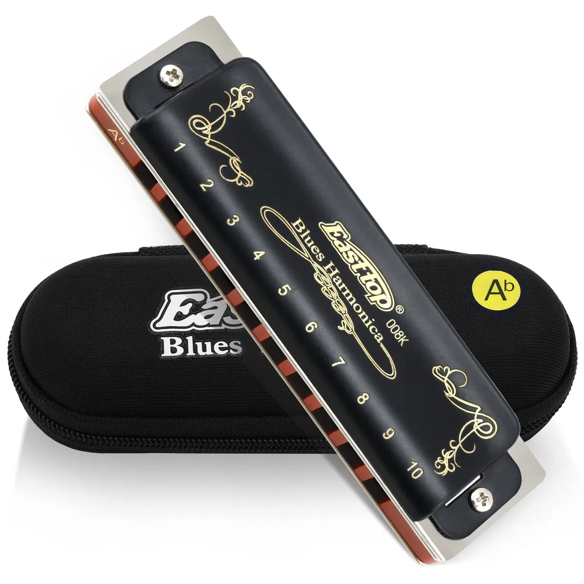 East Top Mundharmonika Tonart Ab 10 Löcher 20 Töne 008K Diatonische Blues Mundharmonika mit schwarzem Gehäuse, erstklassige Mundharmonika für Erwachsene, Profispieler und Studenten