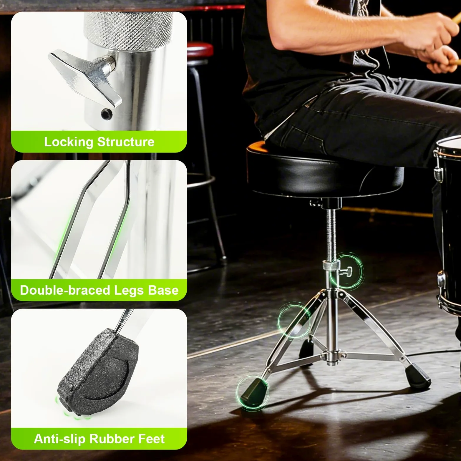 Schlagzeughocker, höhenverstellbarer gepolsterter Schlagzeughocker(45-68cm), Schwenkbarer und Stabiler Drummersitz für Schlagzeug und Gitarre.